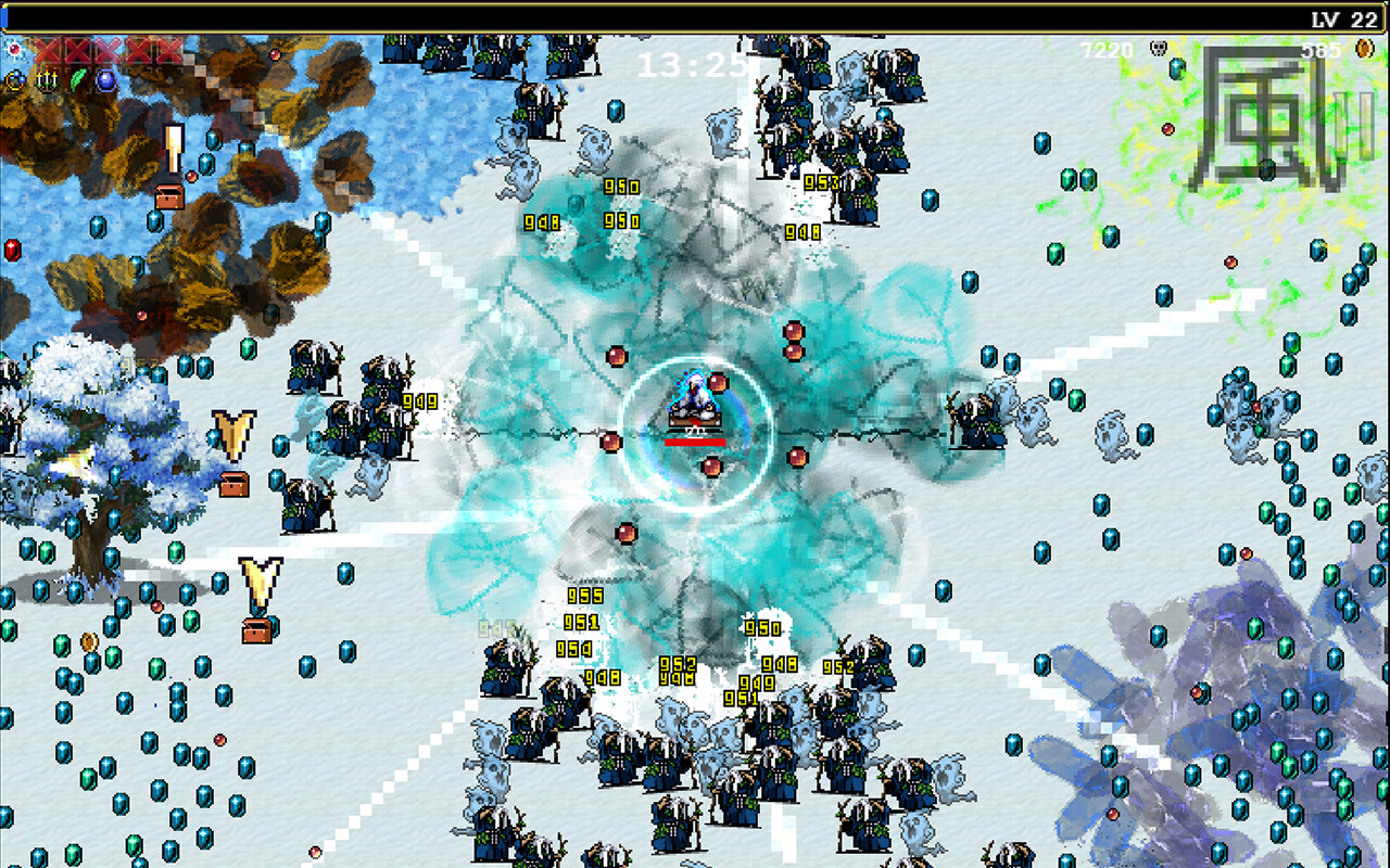 Screenshot from Vampire Survivors: Legacy of the Moonspell showing the chaotic, top-down view of its pixelated action.