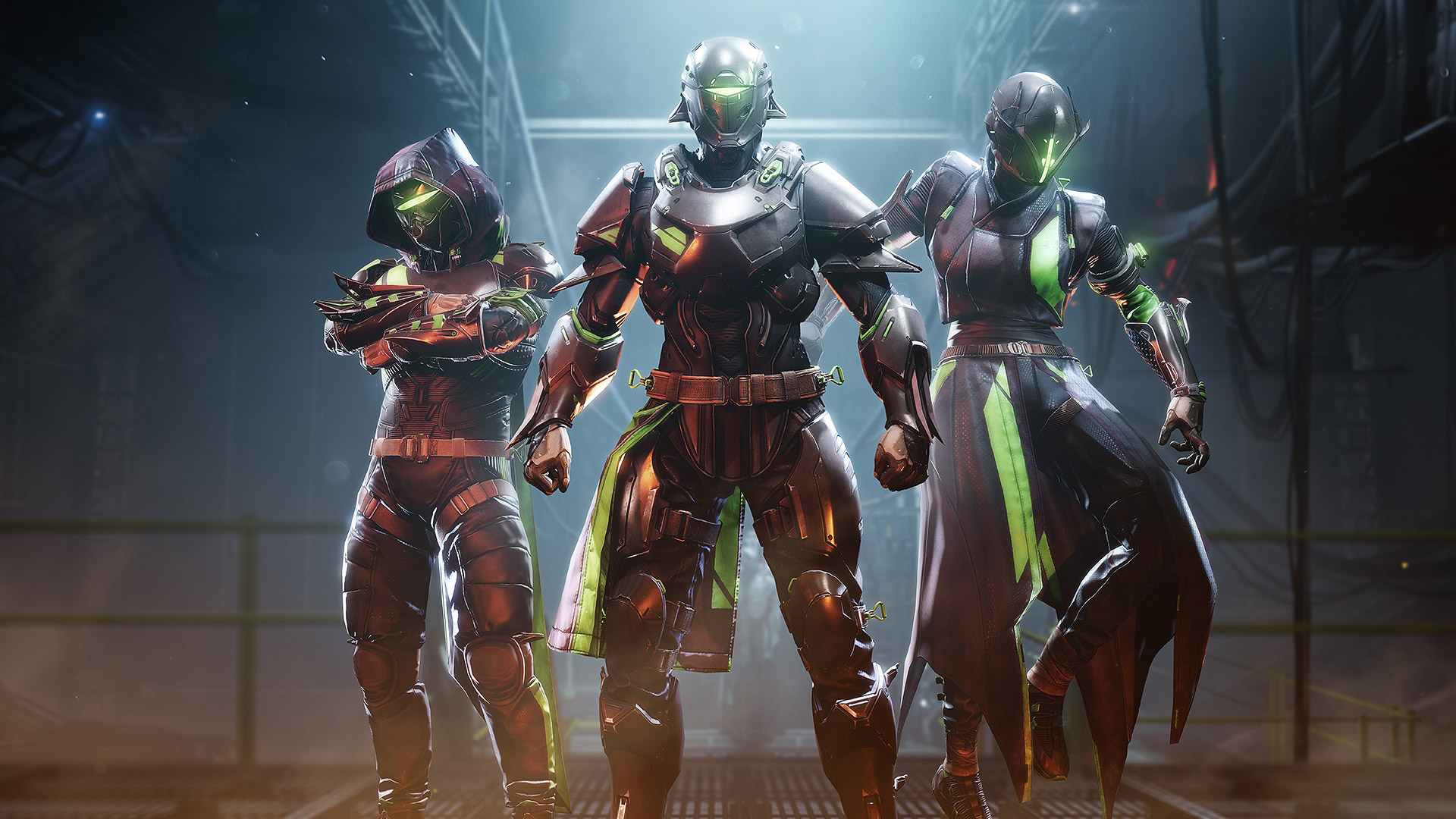Three Destiny 2 Guardians stand together in their Veist-themed armor