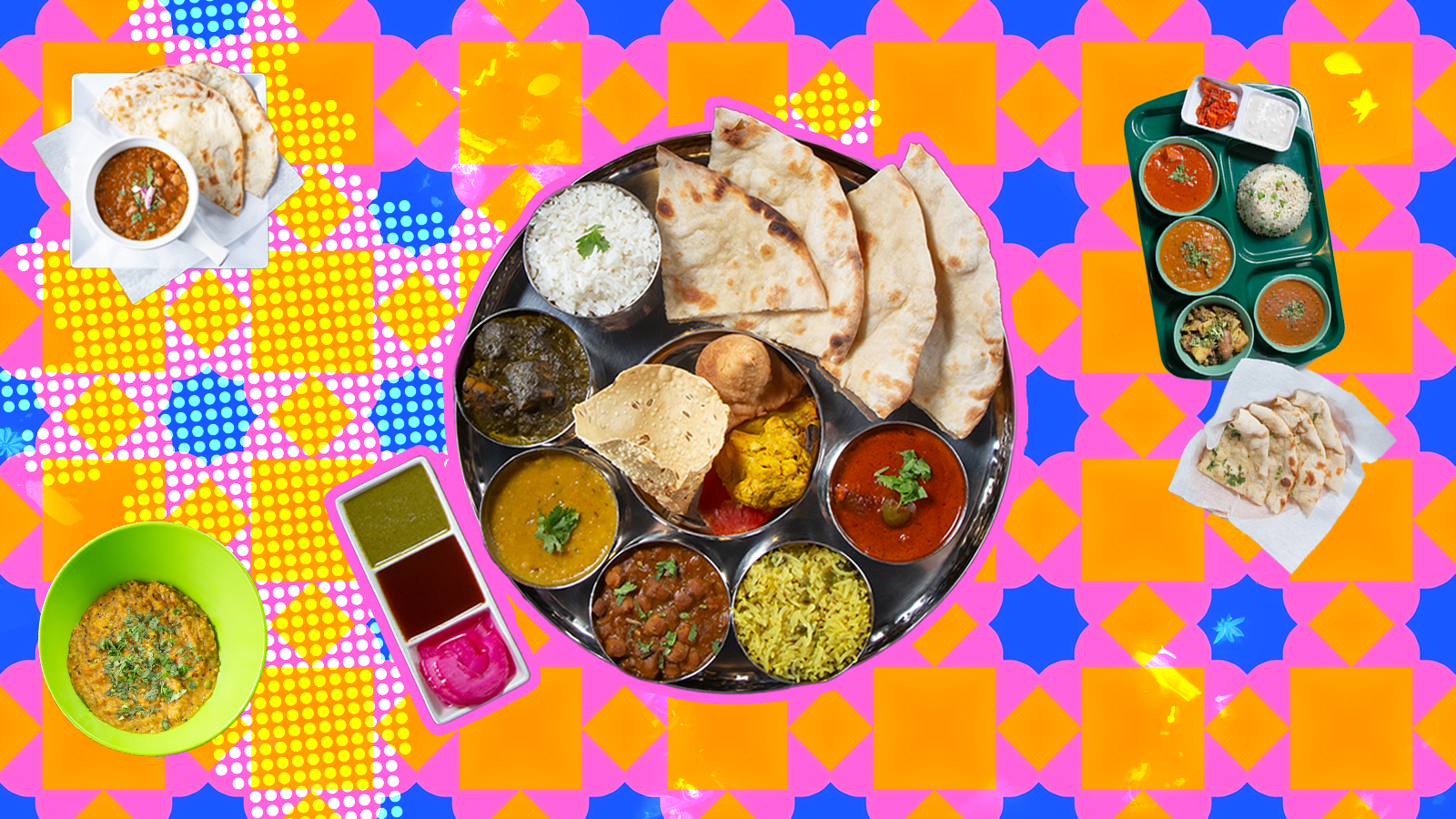A colorful illustration of Indian foods.