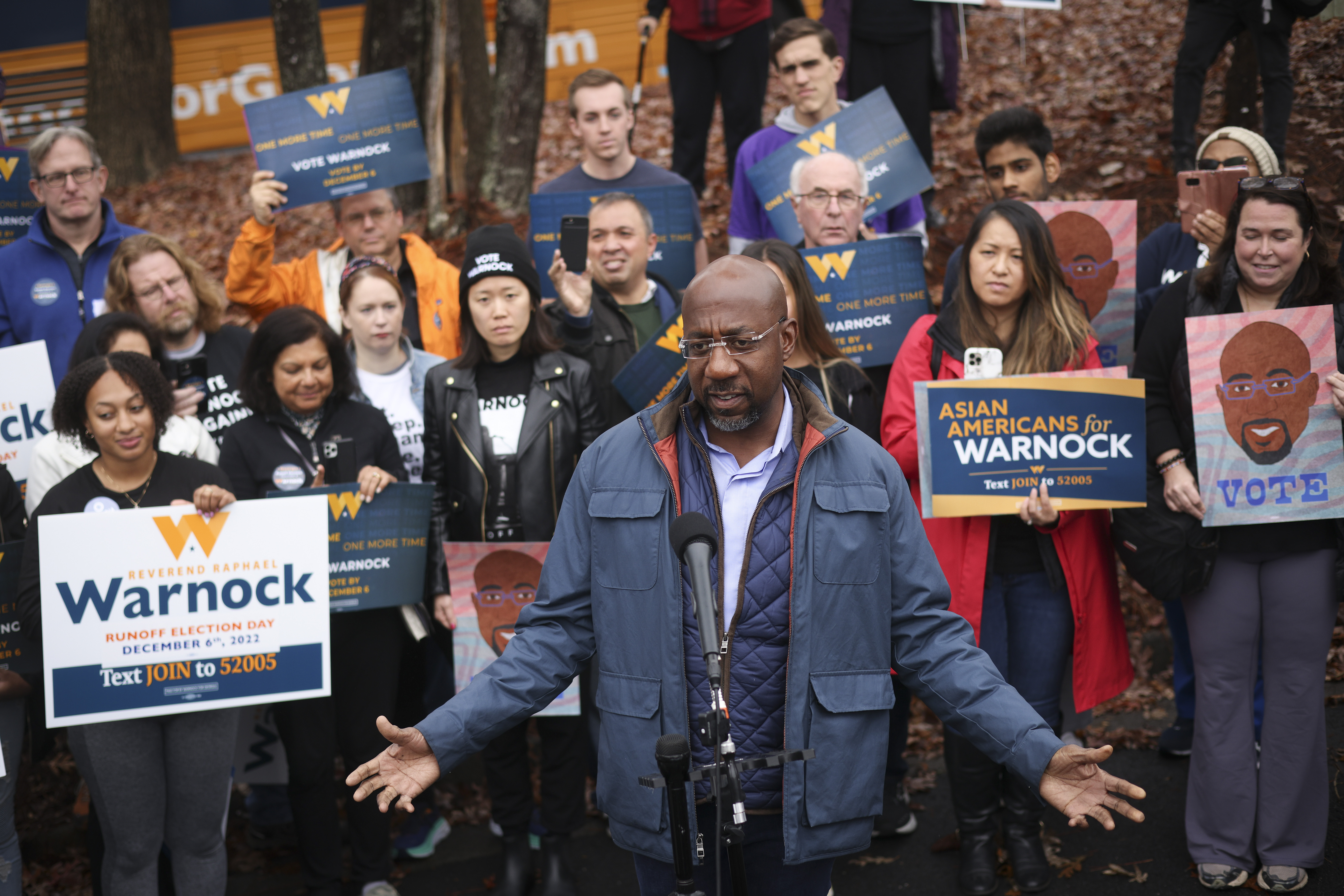 Georgia Democratic Senate candidate U.S. Sen. Raphael Warnock speaks to supporters during a pre-canvassing event December 6, 2022 in Norcross, Georgia. Sen. Warnock is competing in a runoff election being held today against his Republican challenger Herschel Walker.