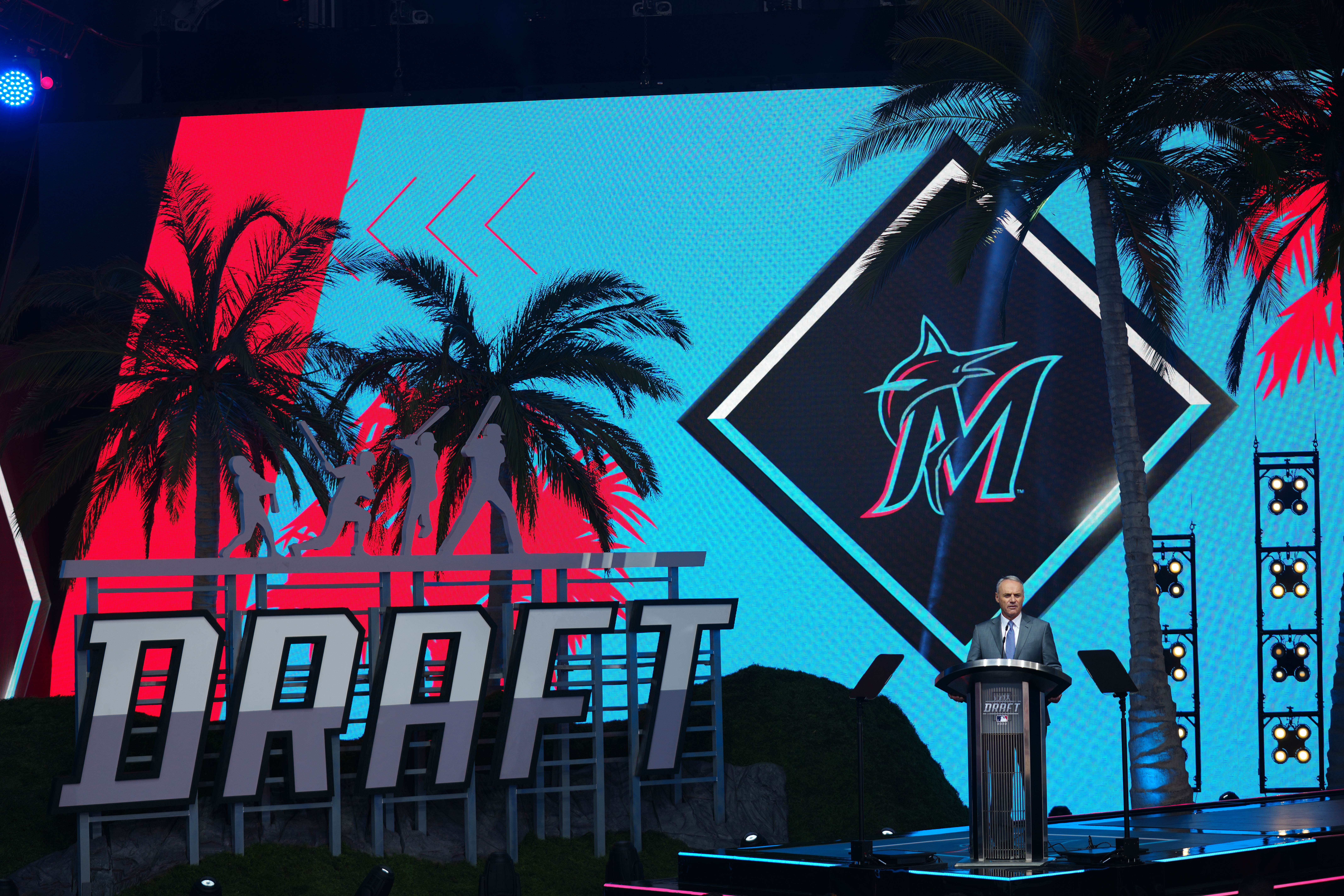 Commissioner Robert D. Manfred announces the sixth pick overall for the Miami Marlins during the 2022 Major League Baseball Draft at L.A. Live on Sunday, July 17, 2022 in Los Angeles, California.