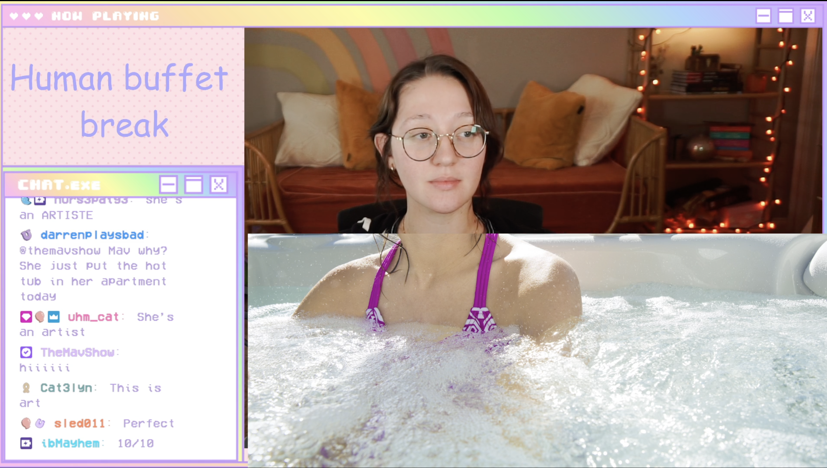 An image of a Twitch streamer LuxieGames streaming live. She has an overlay of a hot tub covering her from the neck down as she breastfeeds her child. She’s smiling and it actually looks like she’s in a hot tub because the overlay lines up so well. On the left, the text reads: “Human buffet break” in reference to her infant feeding.