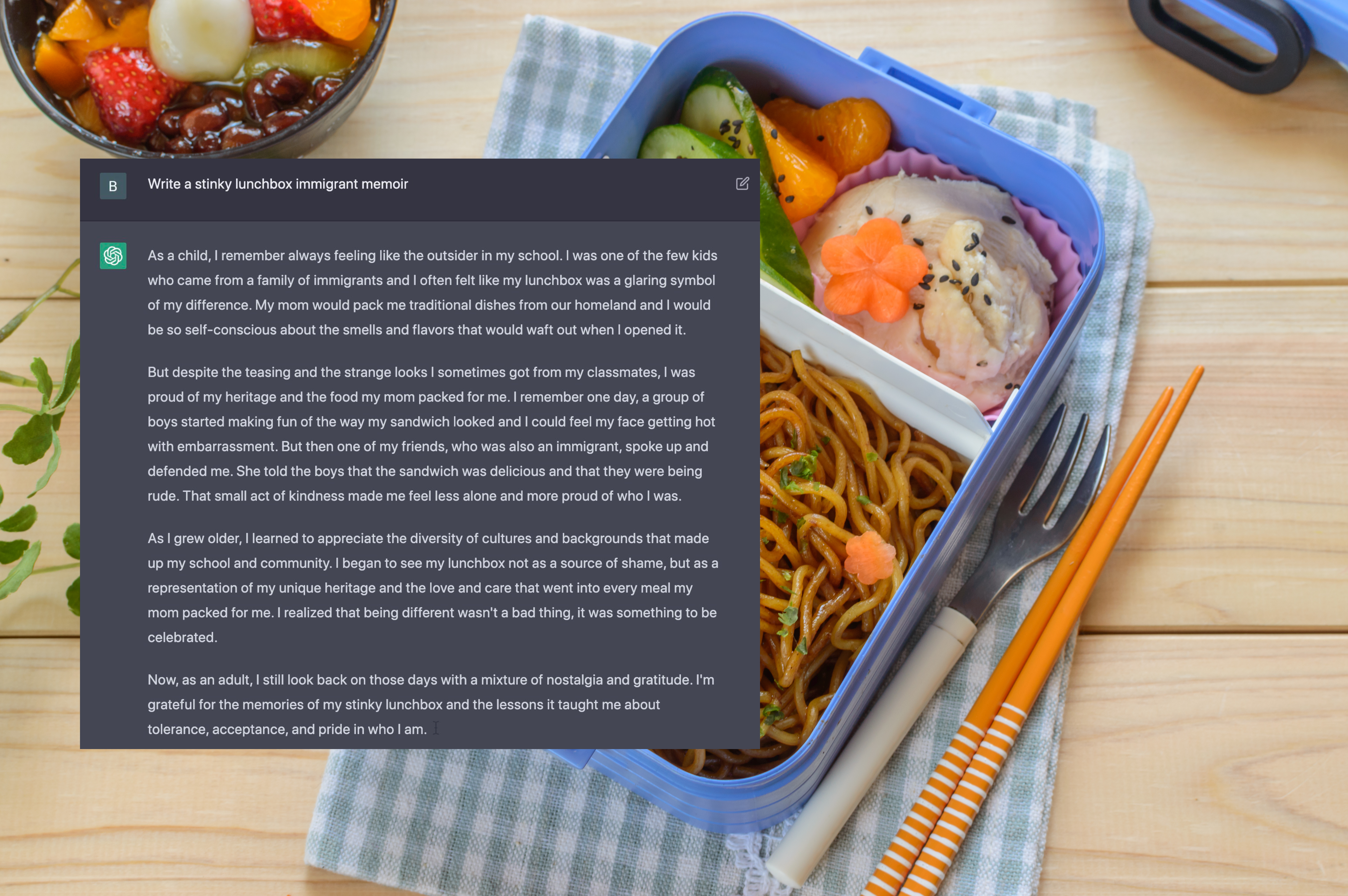 A screenshot of text generated by ChatGPT in response to the prompt “Write a stinky lunchbox immigrant memoir” on top of a photo of a lunchbox containing noodles and cut vegetables