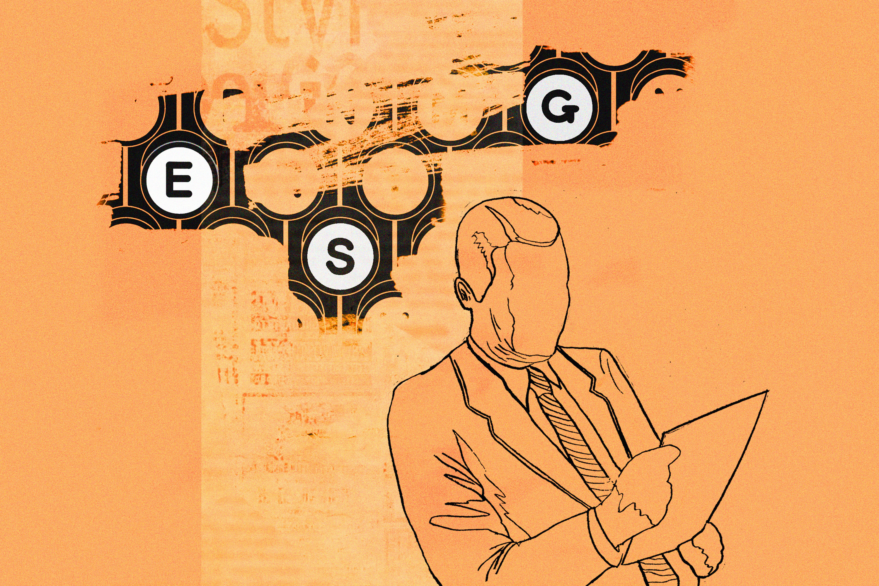 An illustration in a rusty orange color shows the outline of a businessman in suit and tie looking at a piece of paper; behind him are the letters “ESG.”