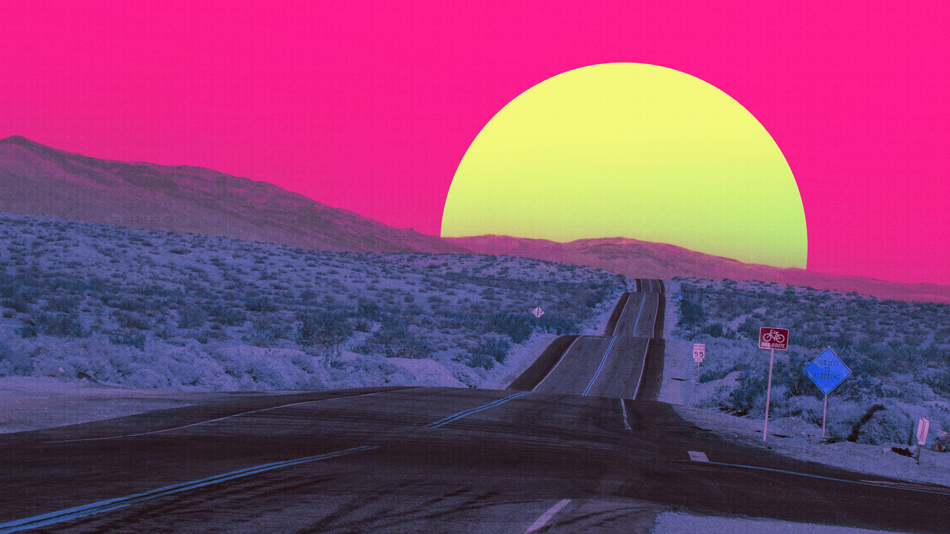 A graphic of an undulating road unfolding over rolling terrain toward a large setting sun on the horizon. 