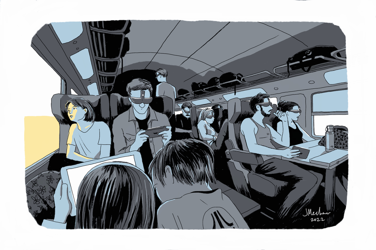 An illustration shows people playing a portable game console on a train — one in a VR headset, another with kids looking together at the same screen.