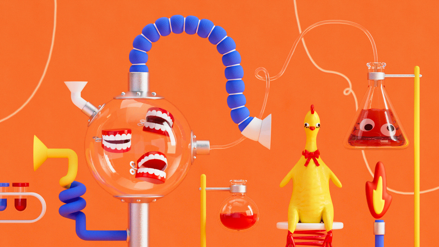 A gif of a farcical science lab tableau showing novelty wind-up teeth in a round-bottom flask, a rubber chicken bouncing on a springboard, and a goofy face in liquid in a triangle-shaped Erlenmeyer flask.