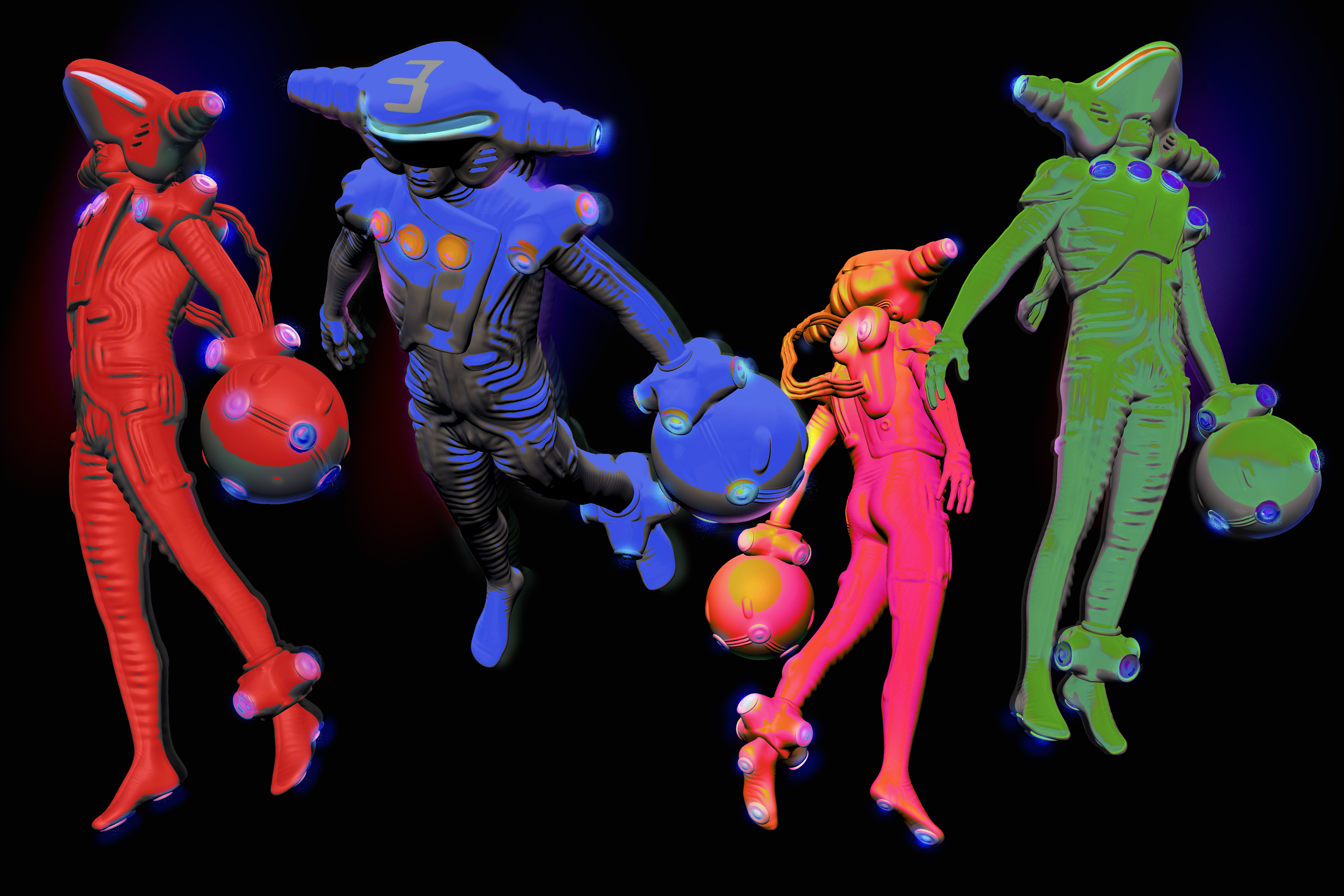 An illustration shows four virtual reality bodysuits, with each player in a different color. Each suit contains a large orb on the player’s left hand.