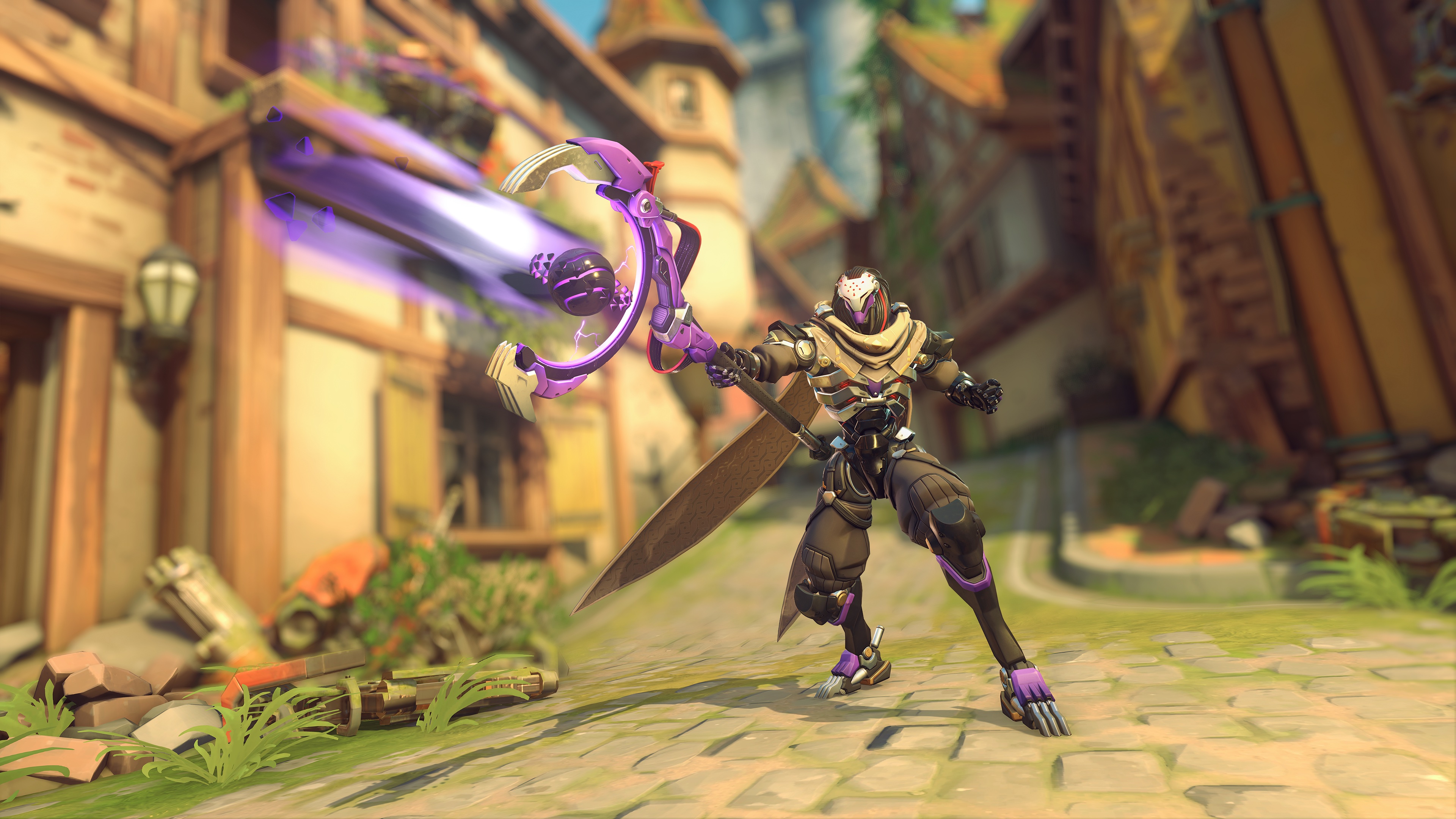 Ramattra fires his staff weapon on the cobblestone streets of Eichenwald in a screenshot from Overwatch 2