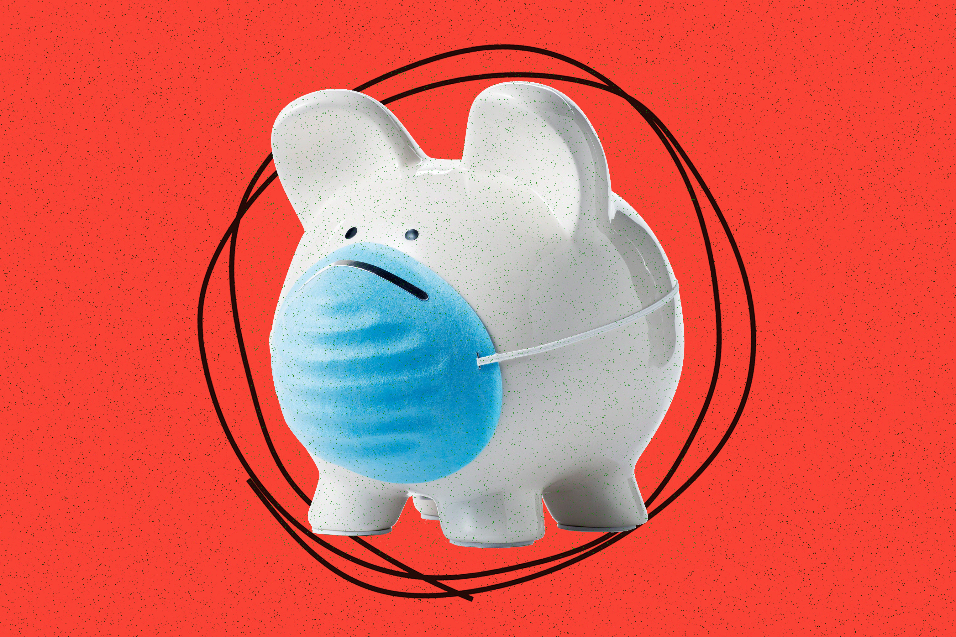 An image of a cute round piggy bank with a blue mask over its little mouth and snout.