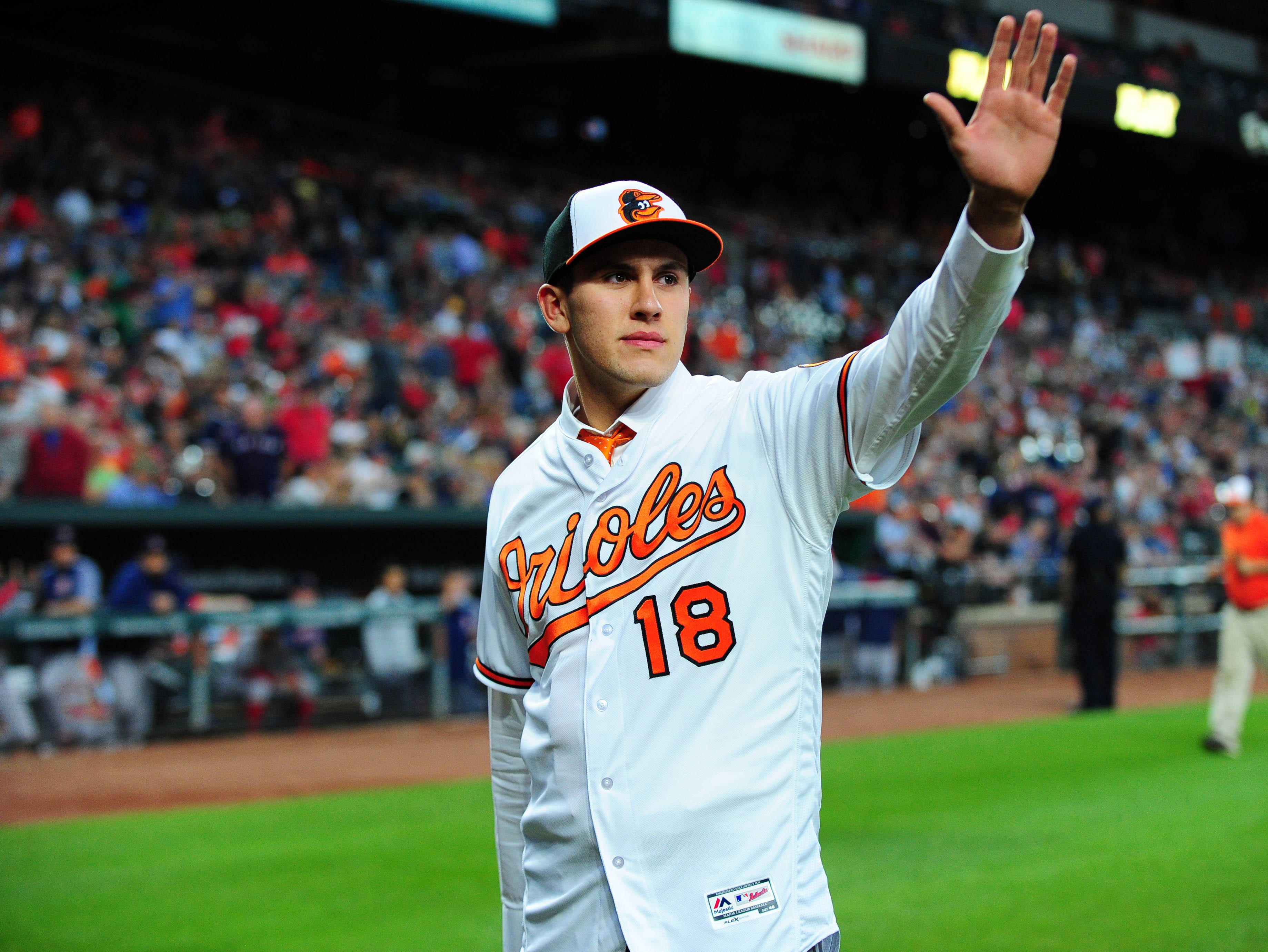 Grayson Rodriguez waves to the Camden Yards crowd