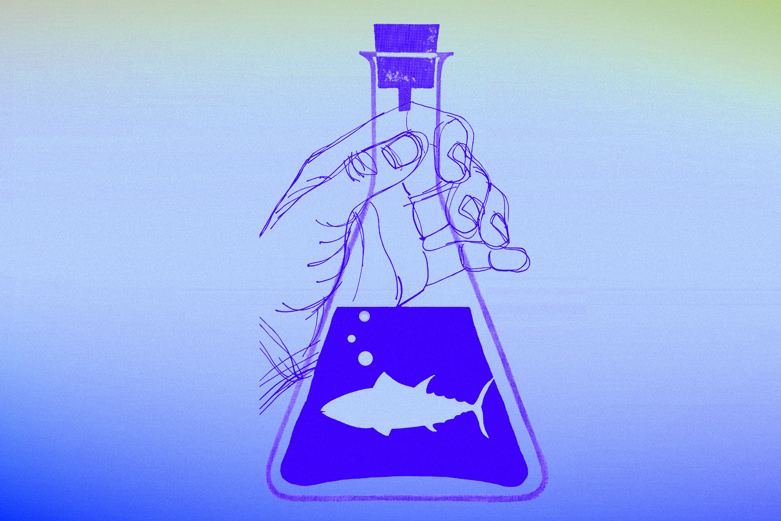 An illustration of a hand holding a beaker with the silhouette of a fish inside.