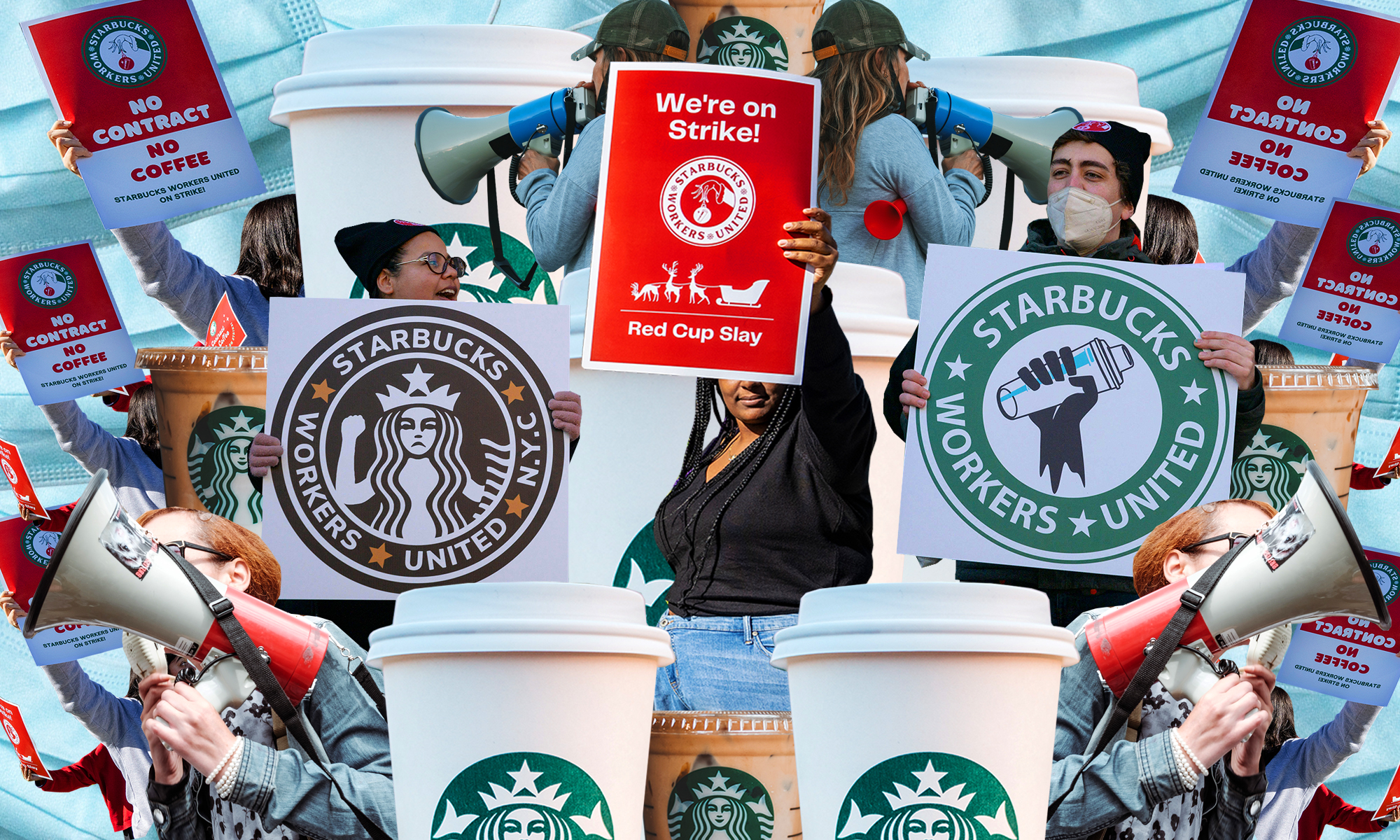 人们举着写有“星巴克工人团结”的标语，人们对着扩音器说话，还有一次性星巴克咖啡杯的照片拼贴。