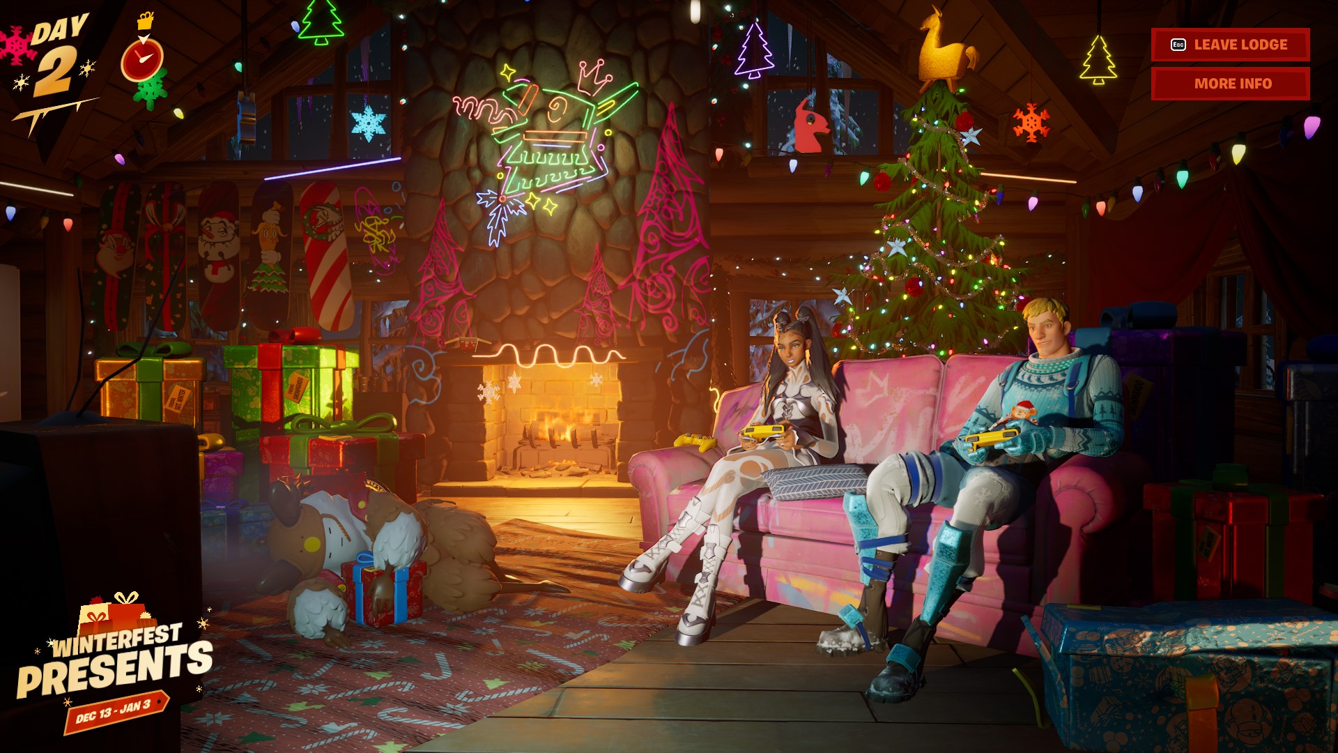 Three Fortnite characters hang in a decked-out winter holiday-themed cabin, complete with gifts and a lit fireplace