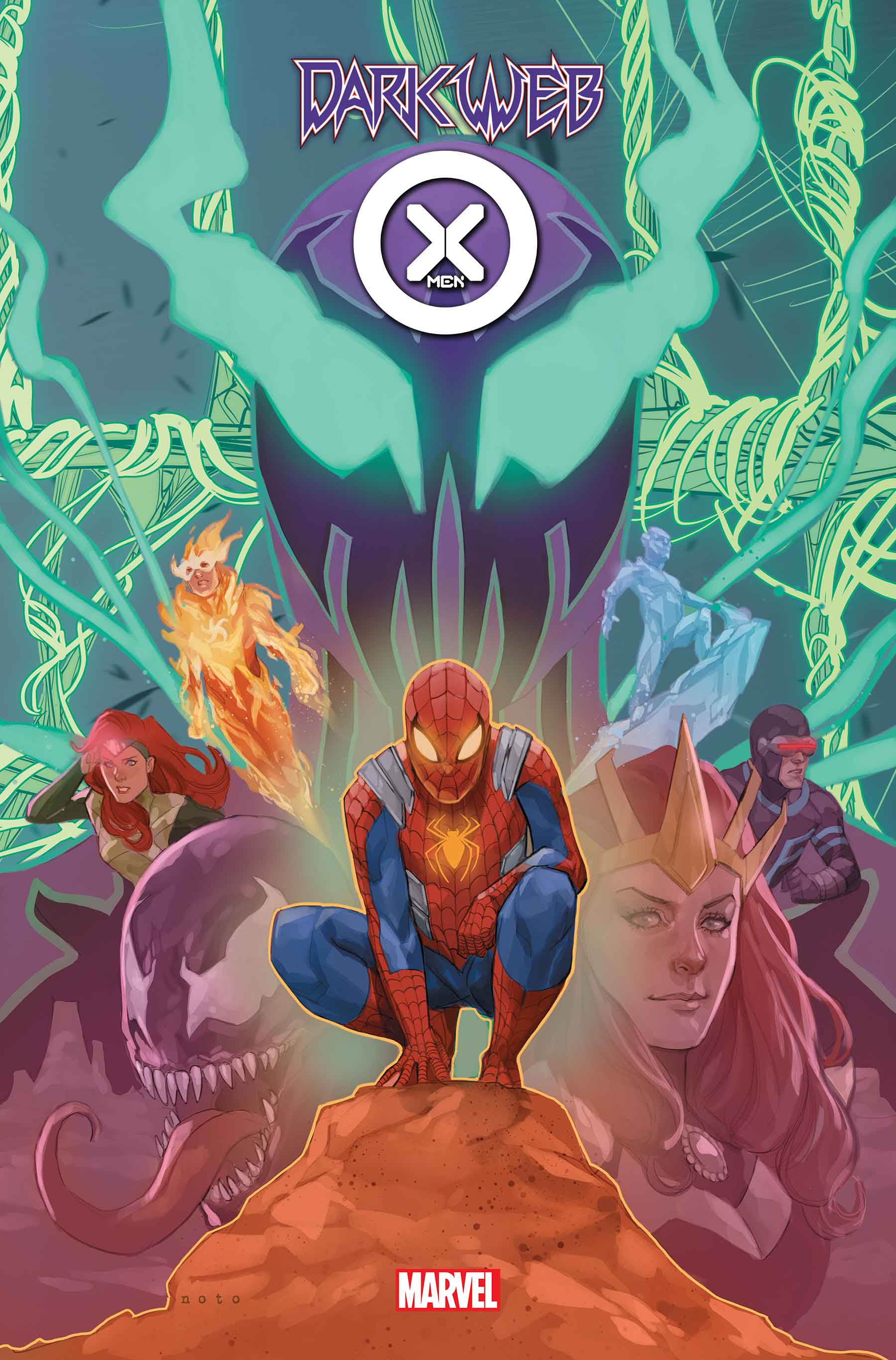 The cover of Dark Web: X-Men #1 with Spider-Man crouching between Venom and Scarlet Witch, with Jean Grey, Firestar, Iceman, and Cyclops in the background