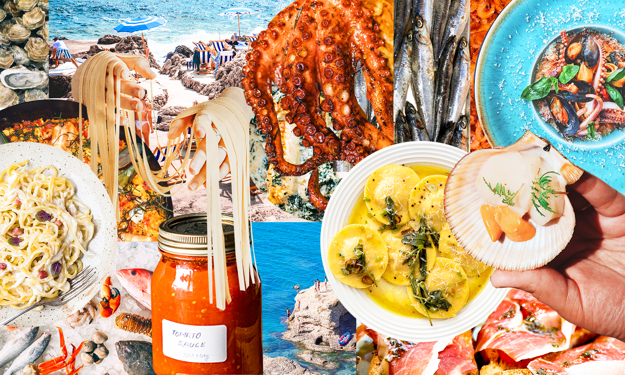 这是一幅拼贴画，画中有意大利海岸、意大利面、海鲜、章鱼触手和一罐红酱。