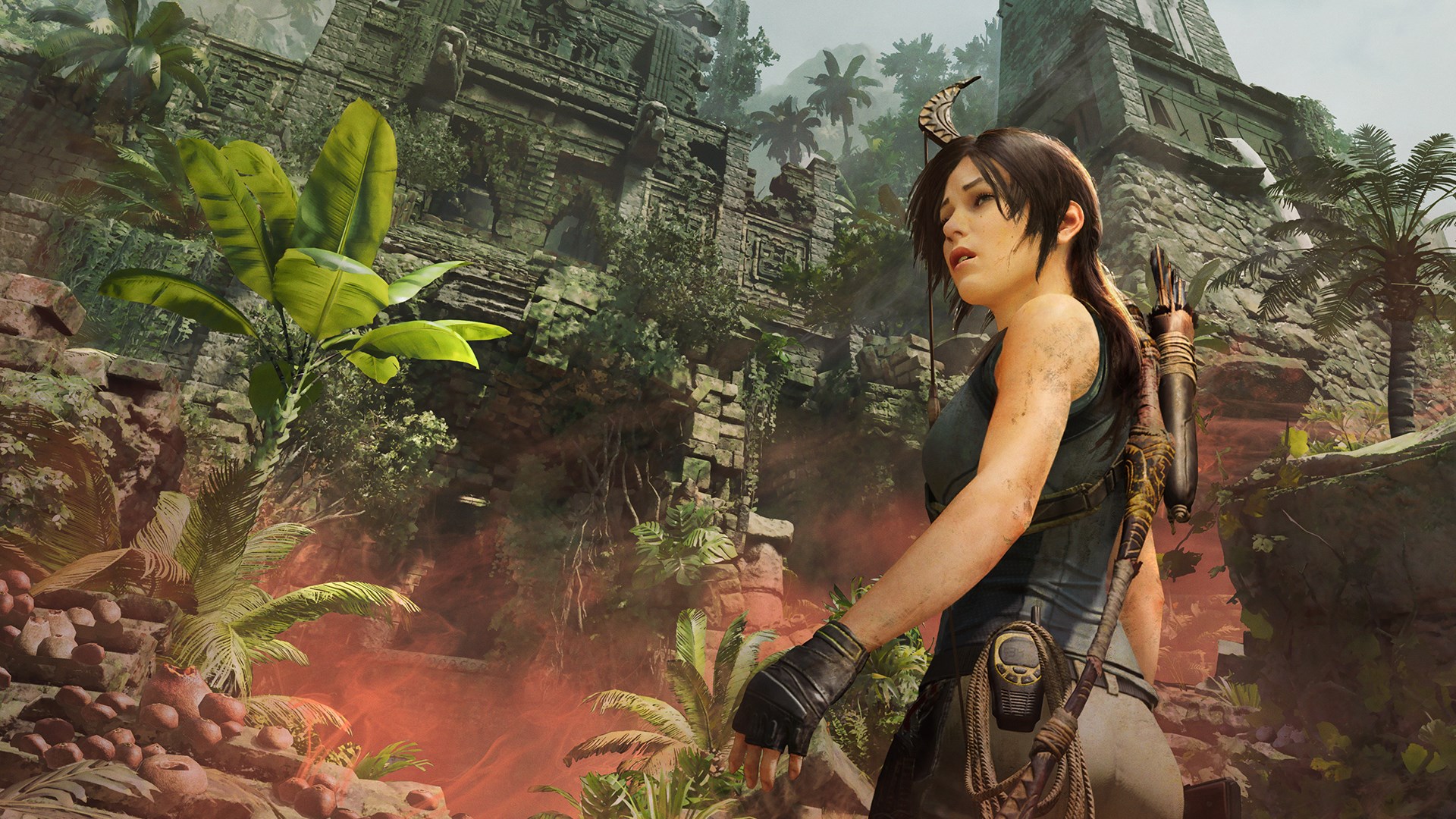 Lara Croft is about to enter a jungle temple in a screenshot from Shadow of the Tomb Raider