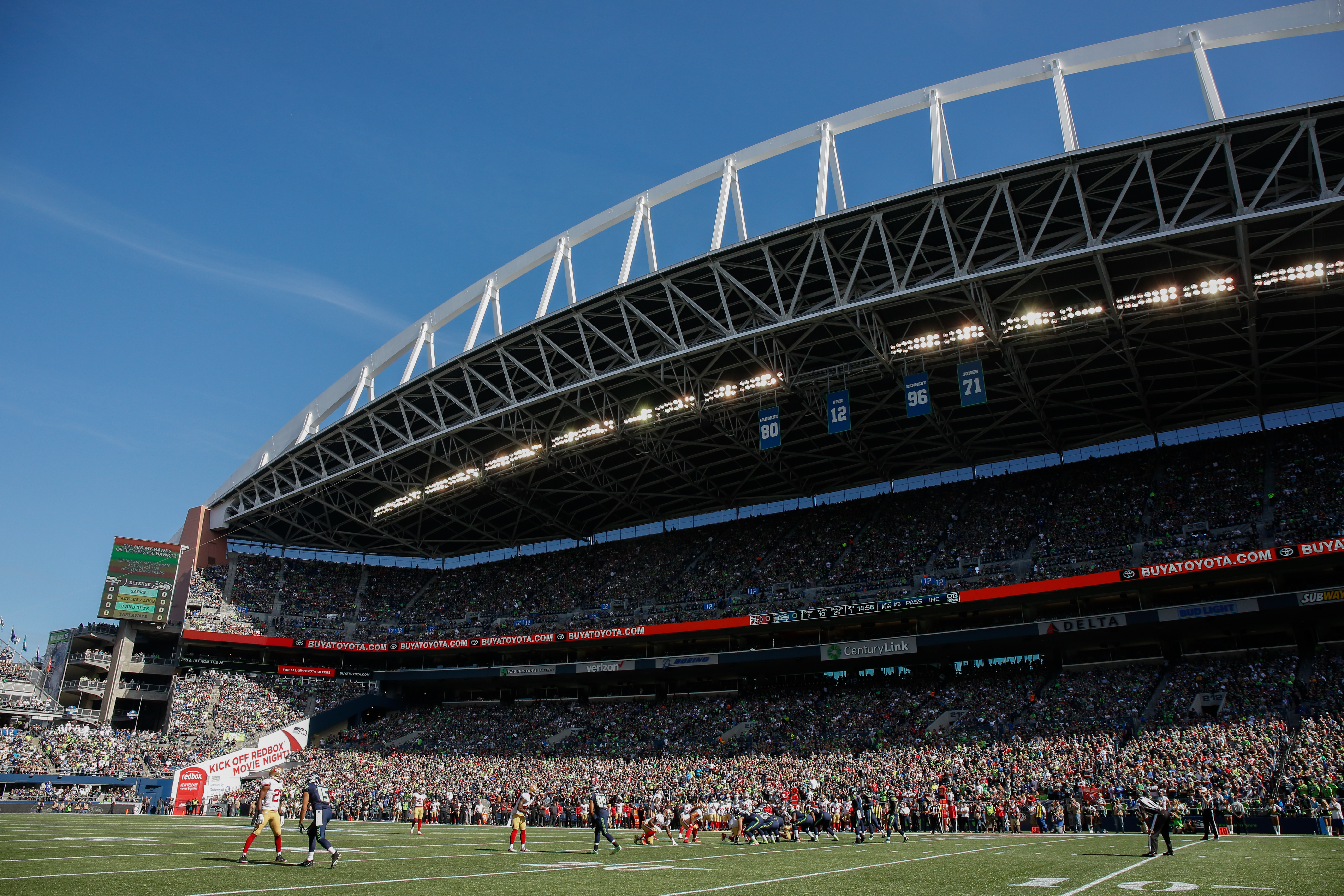 A general view during the game between the Seattle Seahawks and the San Francisco 49ers at CenturyLink Field on September 25, 2016 in Seattle, Washington.