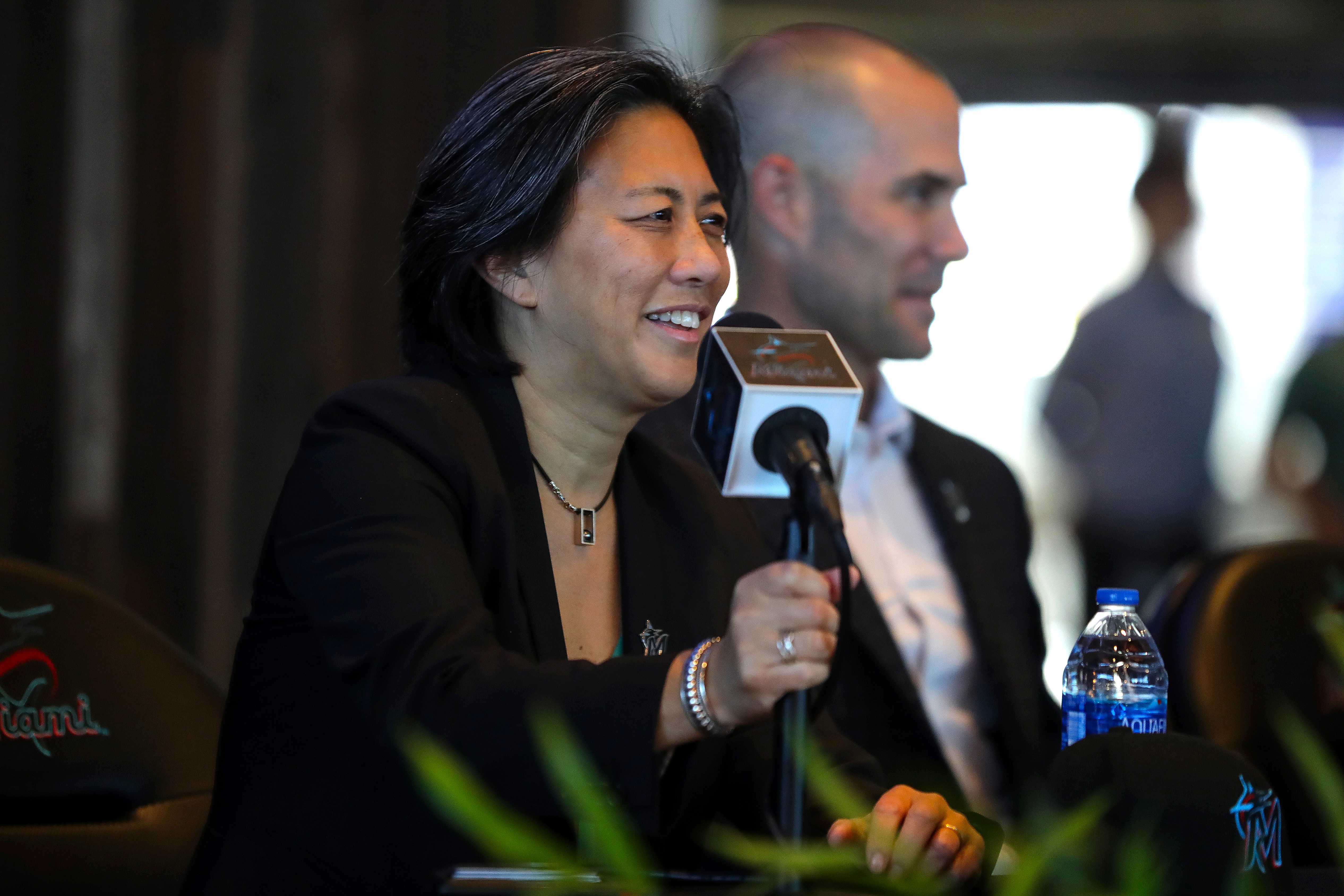 General manager Kim Ng of the Miami Marlins speaks to the media after the introductory press conference for new manager Skip Schumaker at loanDepot park on November 03, 2022 in Miami, Florida.