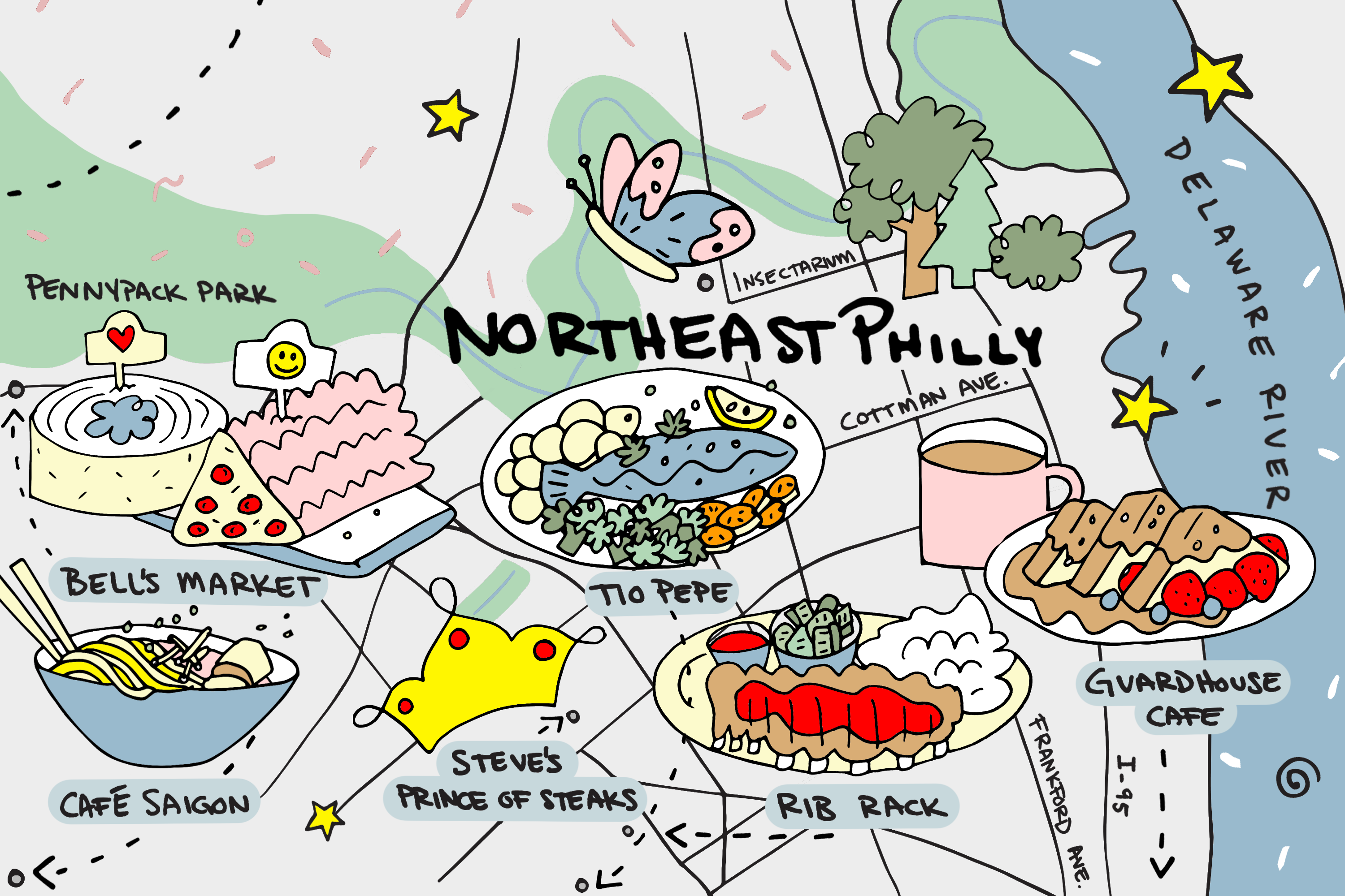 A drawing of the Northeastern map of Philly featuring Steve’s Prince of Steaks, Rib Rack, and more. 