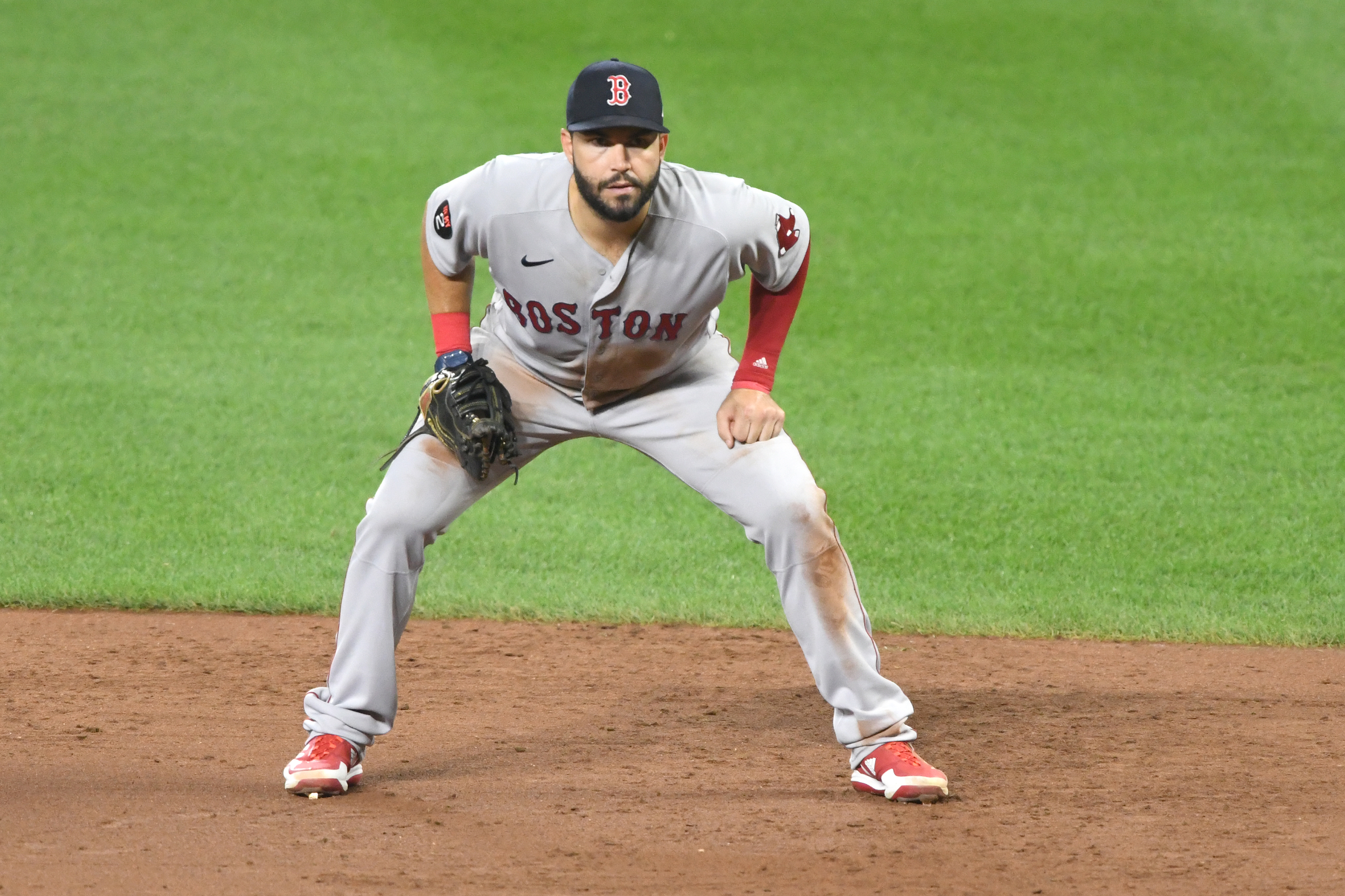 Eric Hosmer #35 of the Boston Red Sox tin position during a baseball game against the Baltimore Orioles at Oriole Park at Camden Yards on August 19, 2022 in Baltimore, Maryland.
