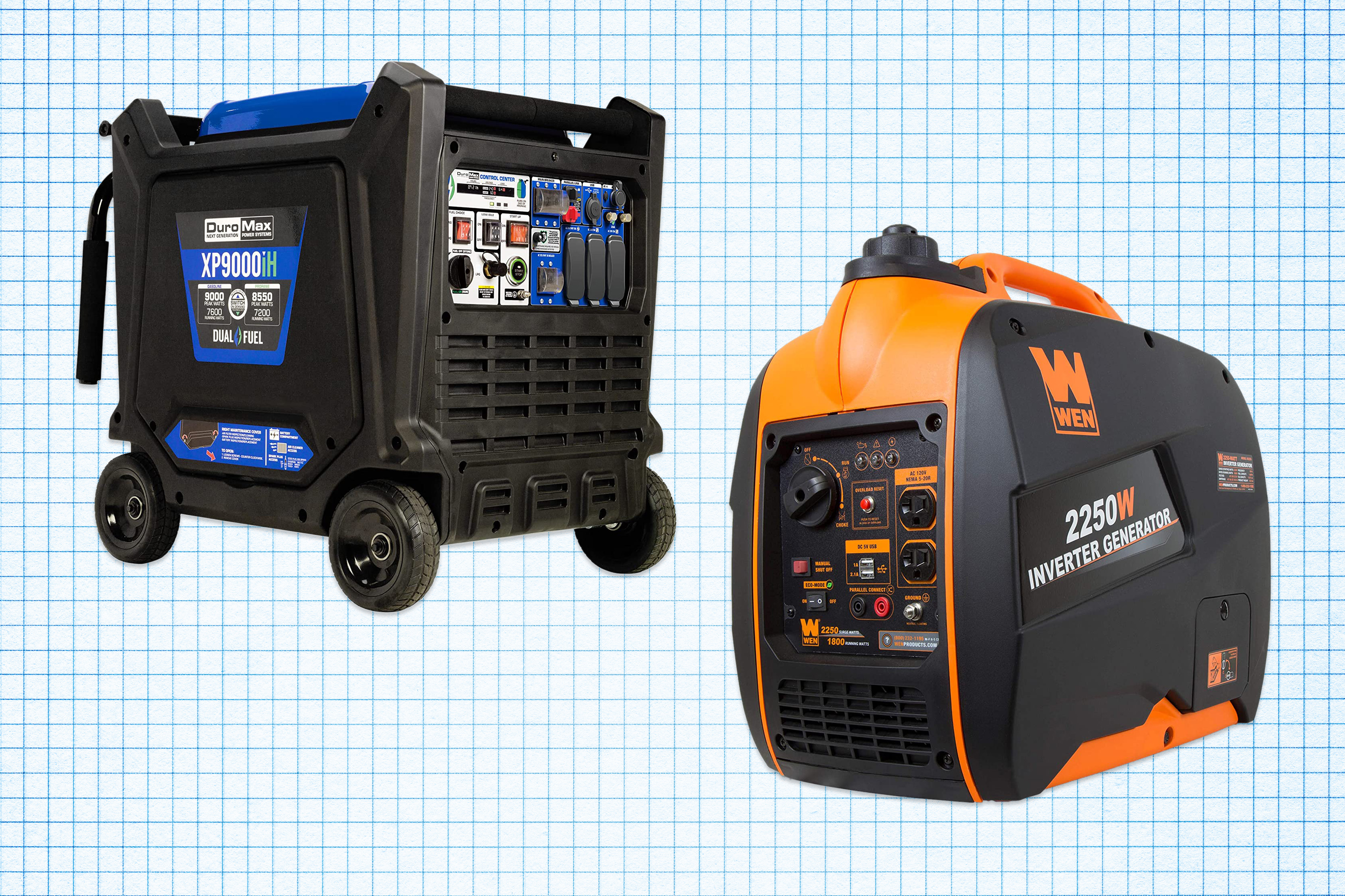 DuroMax Hybrid Portable Generator and WEN Portable Inverter Generator isolated on a white grid paper background with blue lines
