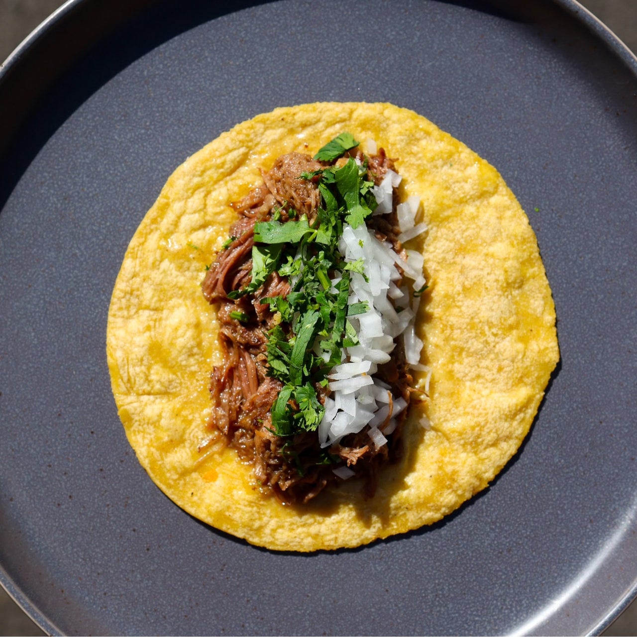 A taco with meat, cilantro, and onions.