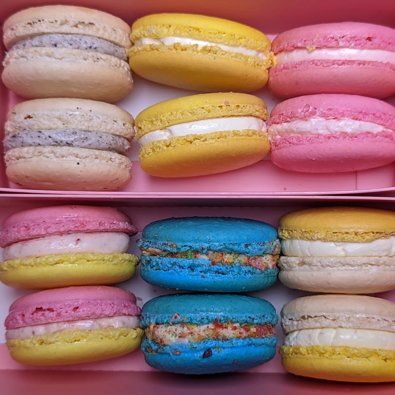 A box of colorful macarons.
