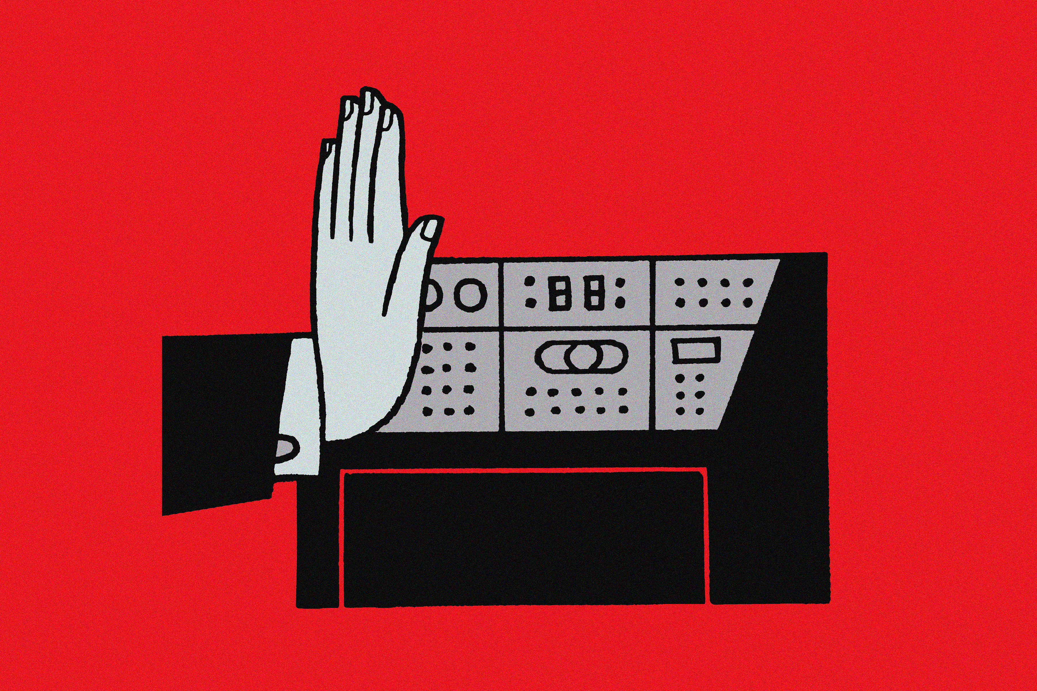A drawing of a hand making a “stop” gesture toward a computer console.