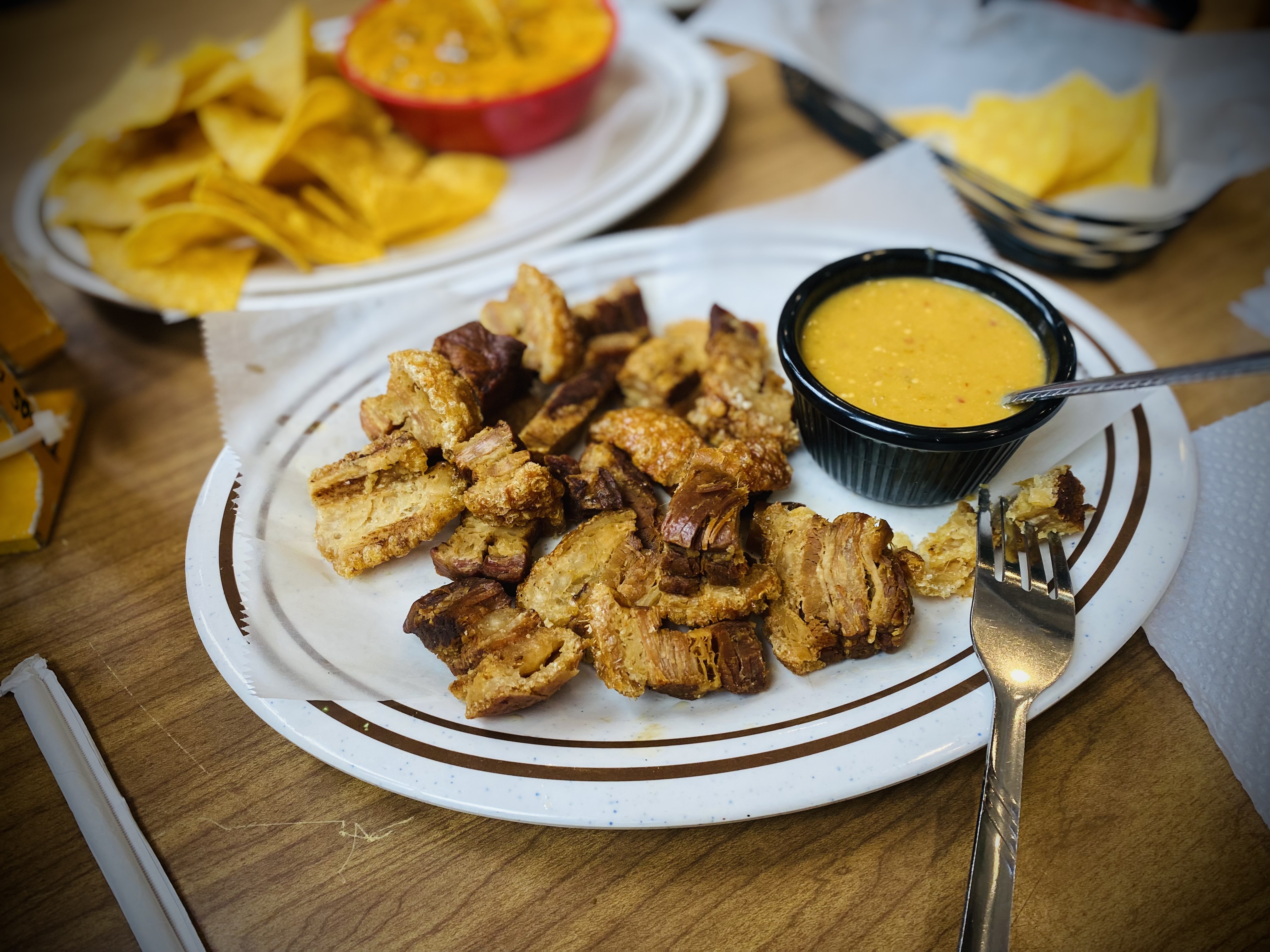 The chicharrones from La Jalisciense Supermercado Y Taqueria in southwest Detroit, Michigan served with a fiery peanut sauce.