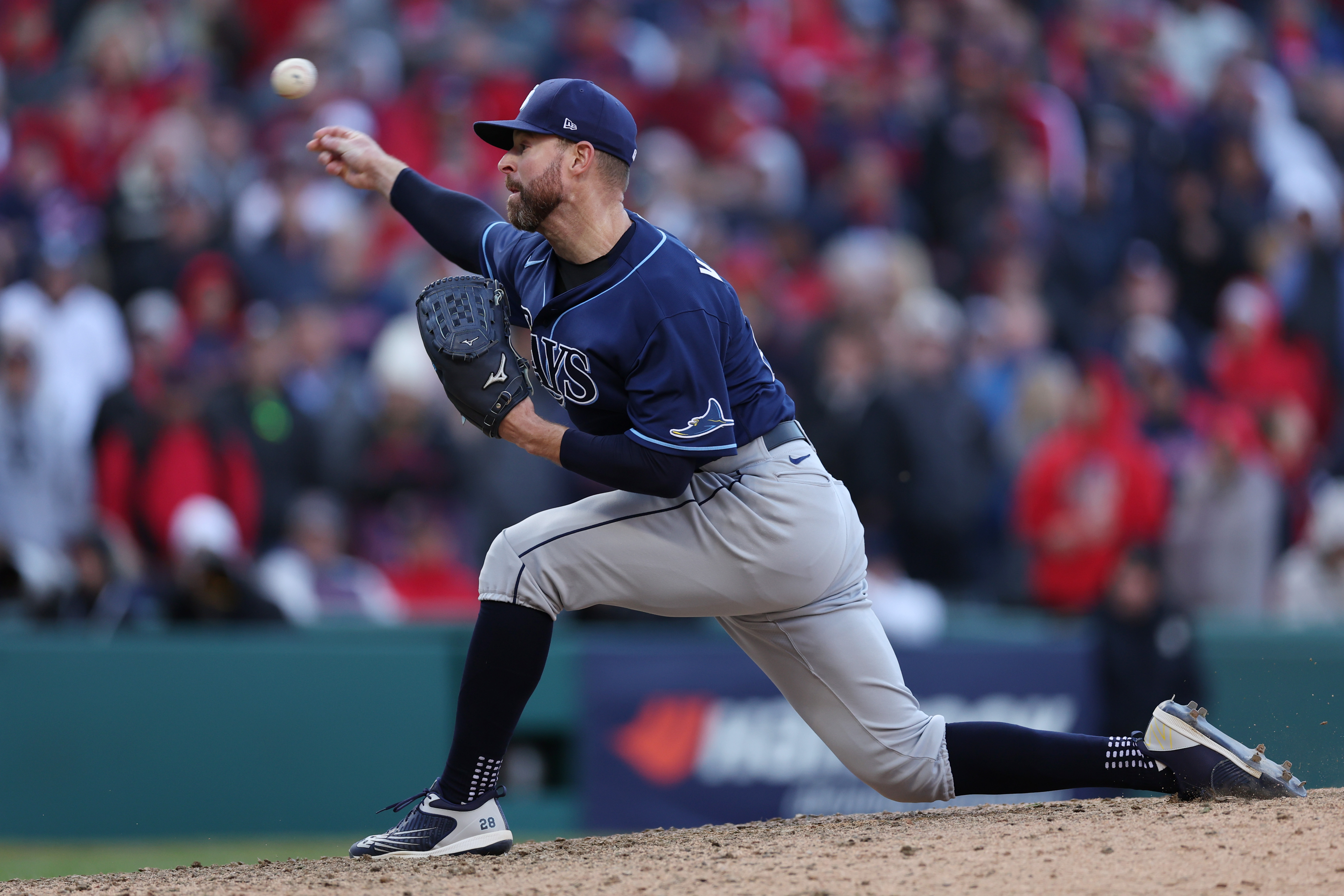Corey Kluber #28 of the Tampa Bay Rays throws a pitch in the thirteenth inning against the Cleveland Guardians in game two of the Wild Card Series at Progressive Field on October 08, 2022 in Cleveland, Ohio