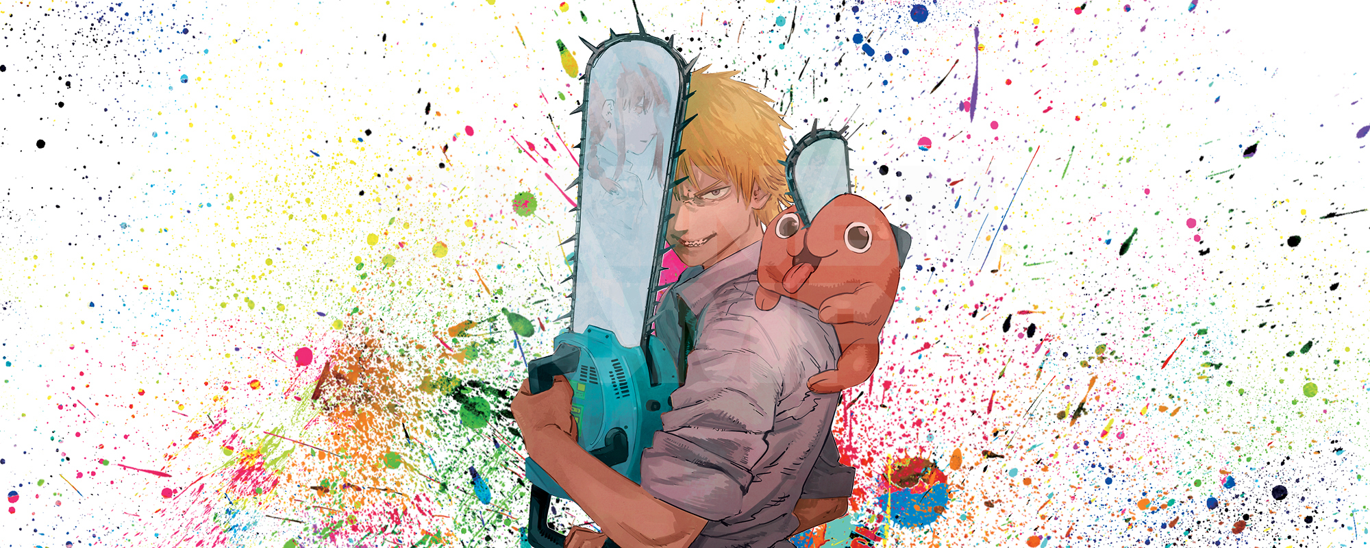 An illustration of Denji from the manga Chainsaw Man. He’s clutching a chainsaw and his red dog with a chainsaw protruding from its head, Pochita, sits on his shoulder. We can see a pink haired woman named Makima in the reflection of the metal in his chainsaw.