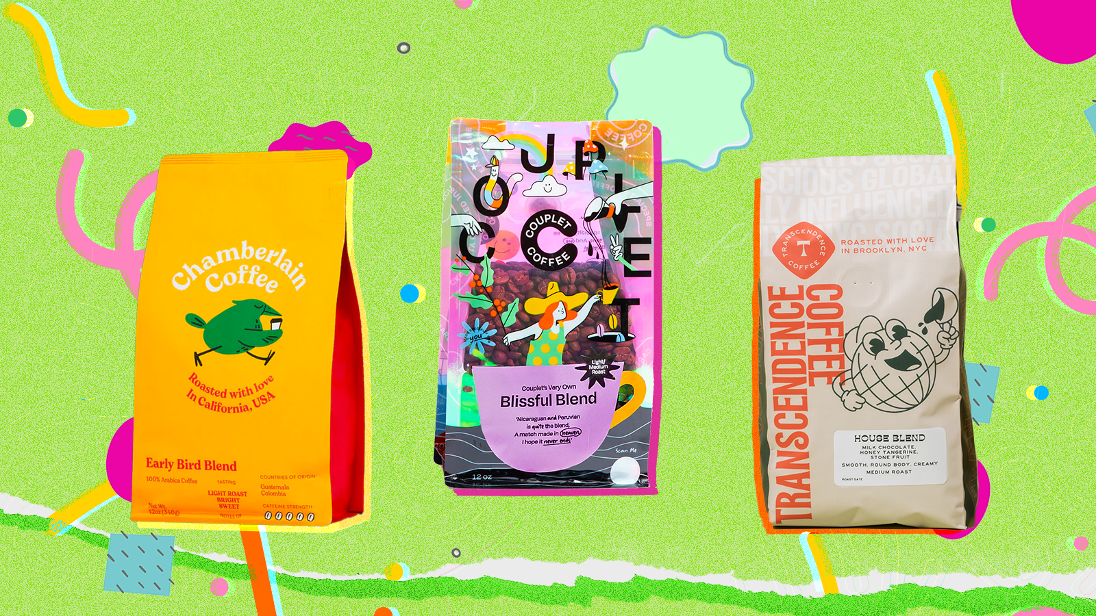 three bags of coffee from the brands Chamberlain Coffee, Couplet, and Transcendence, cut out and placed in front of a bright green background with colorful blobs and shapes