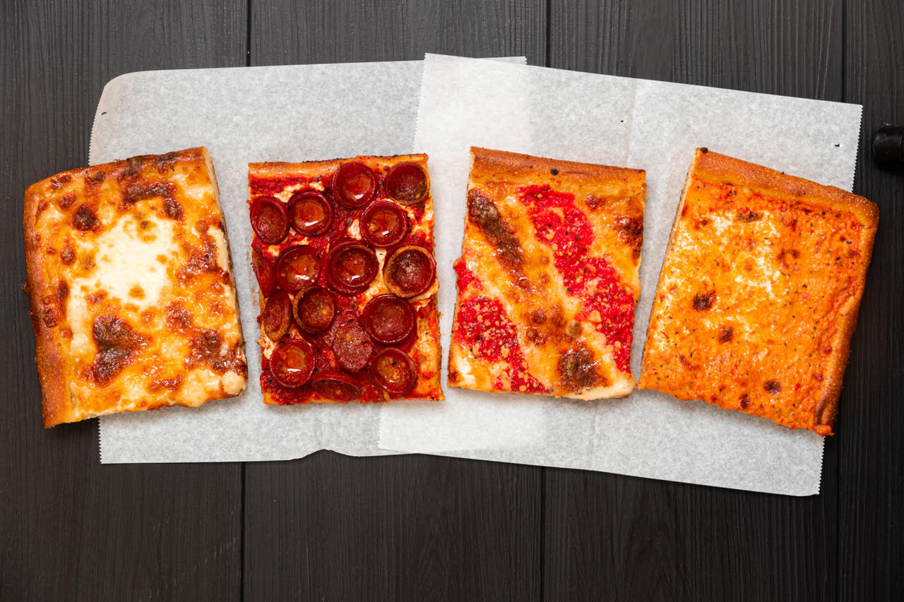 Square slices of pizza.