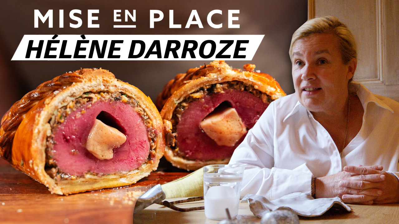 A composite photo of chef Helene Darroze, next to her grouse wellington dish.