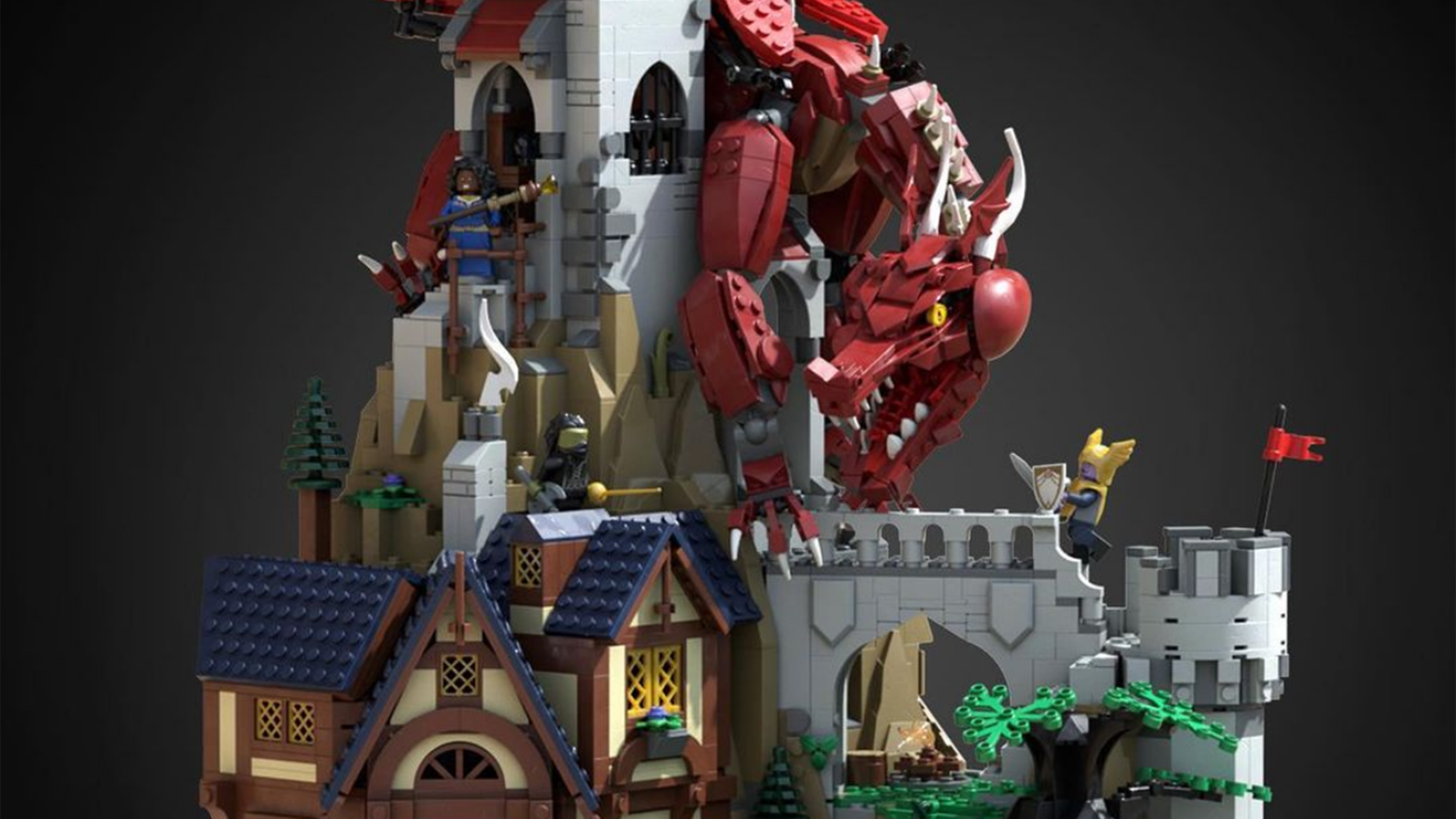A red dragon winds its way down a tower in the winning design for the 50th anniversary D&amp;D Lego set.