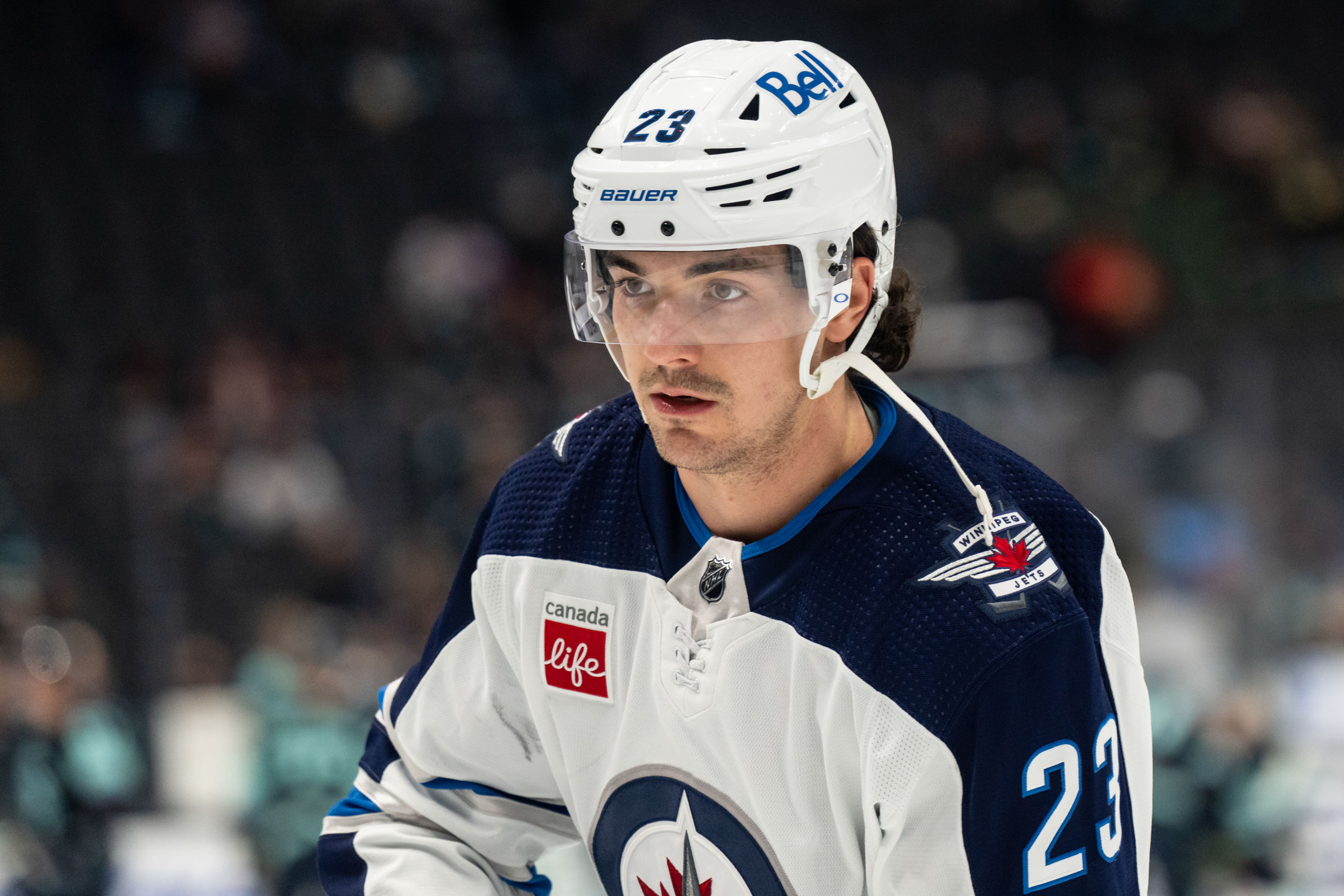 Dec 18, 2022; Seattle, Washington, USA; Winnipeg Jets forward Michael Eyssimont (23) is pictured before game against the Seattle Kraken at Climate Pledge Arena.