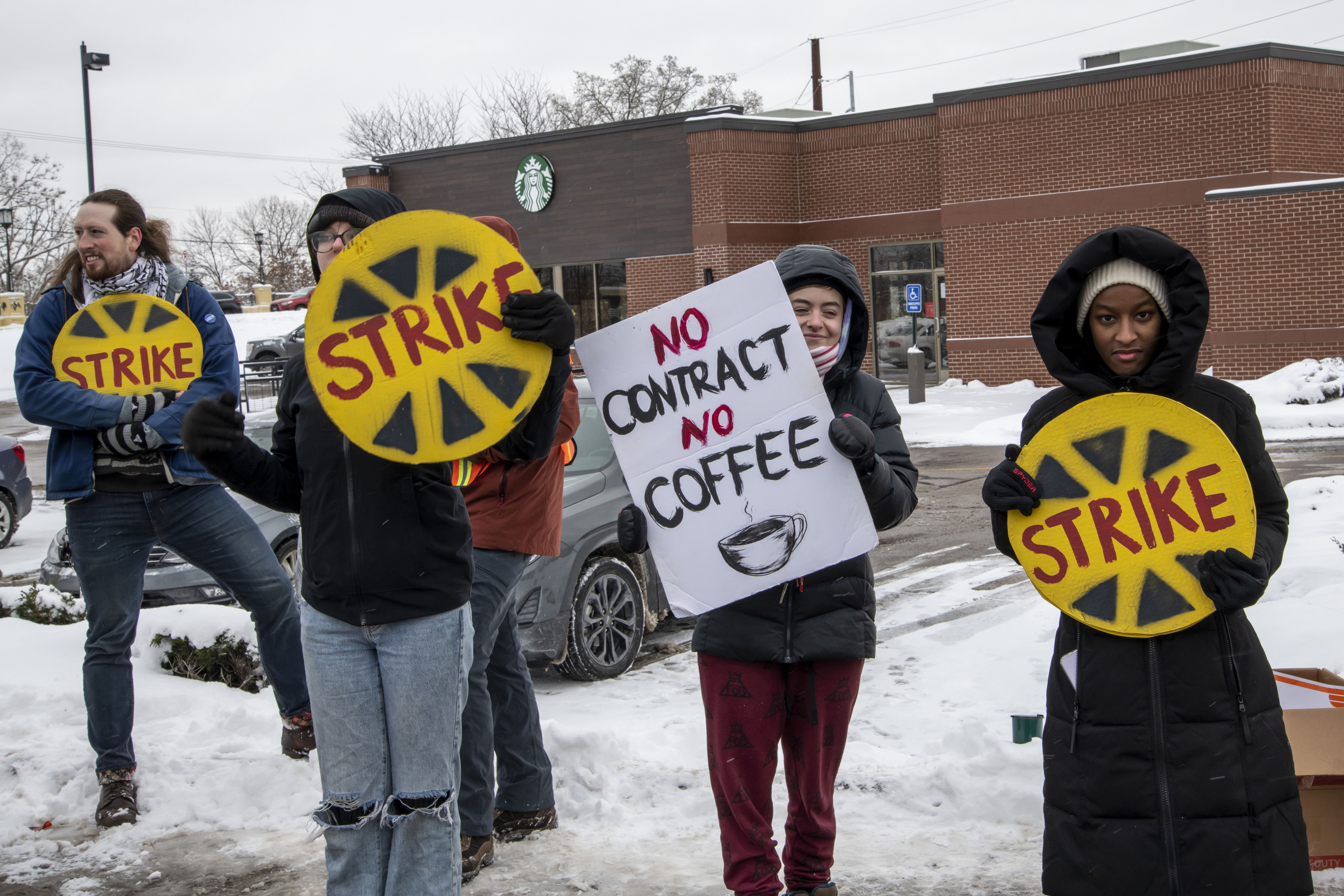 St. Anthony, Minnesota, Starbucks workers across the country strike to protest unfair labor practices and union busting going on at the company. Workers complain they are closing stores and short-staffing.