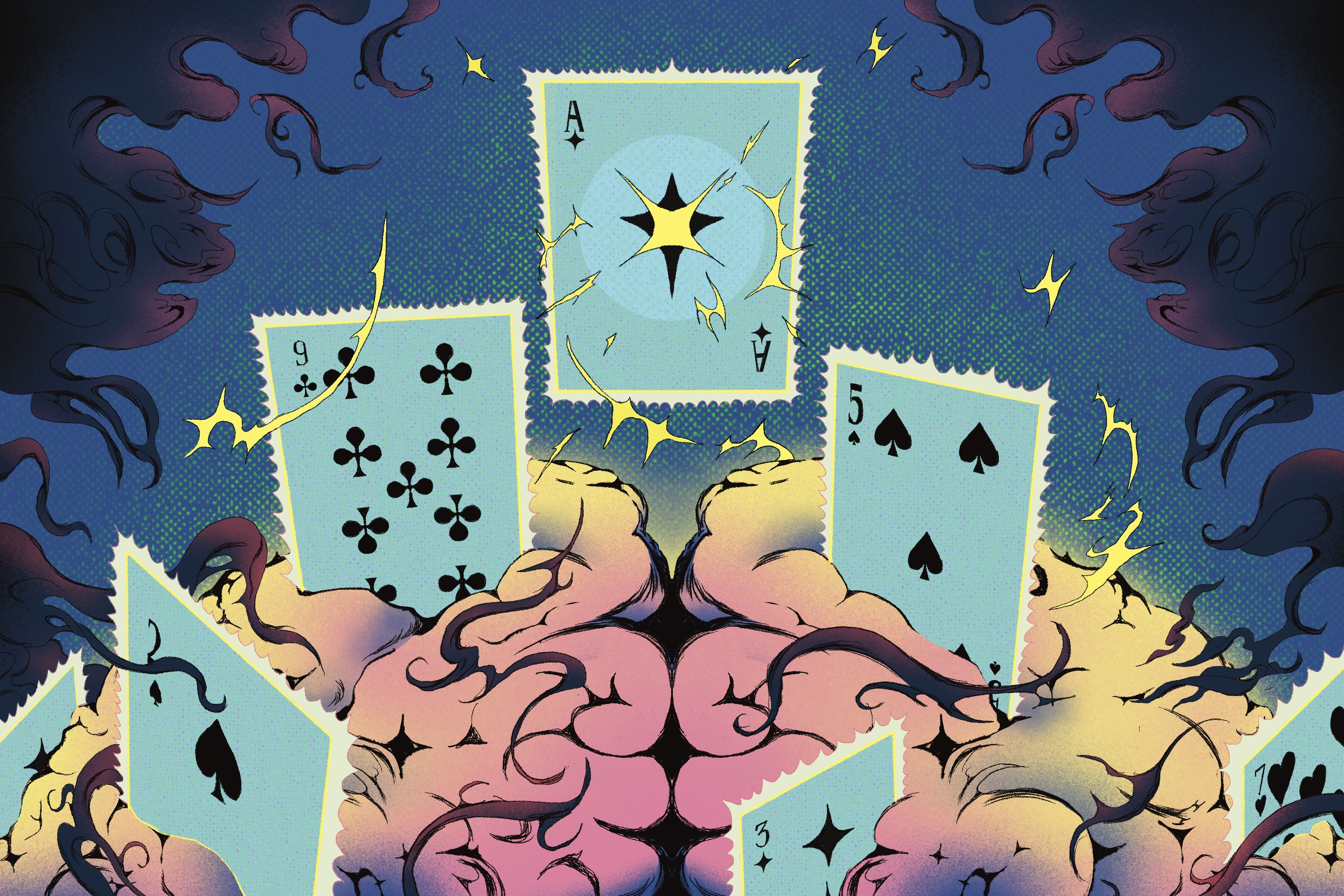 An illustration shows cards floating around a brain, representing the ways games can be addictive