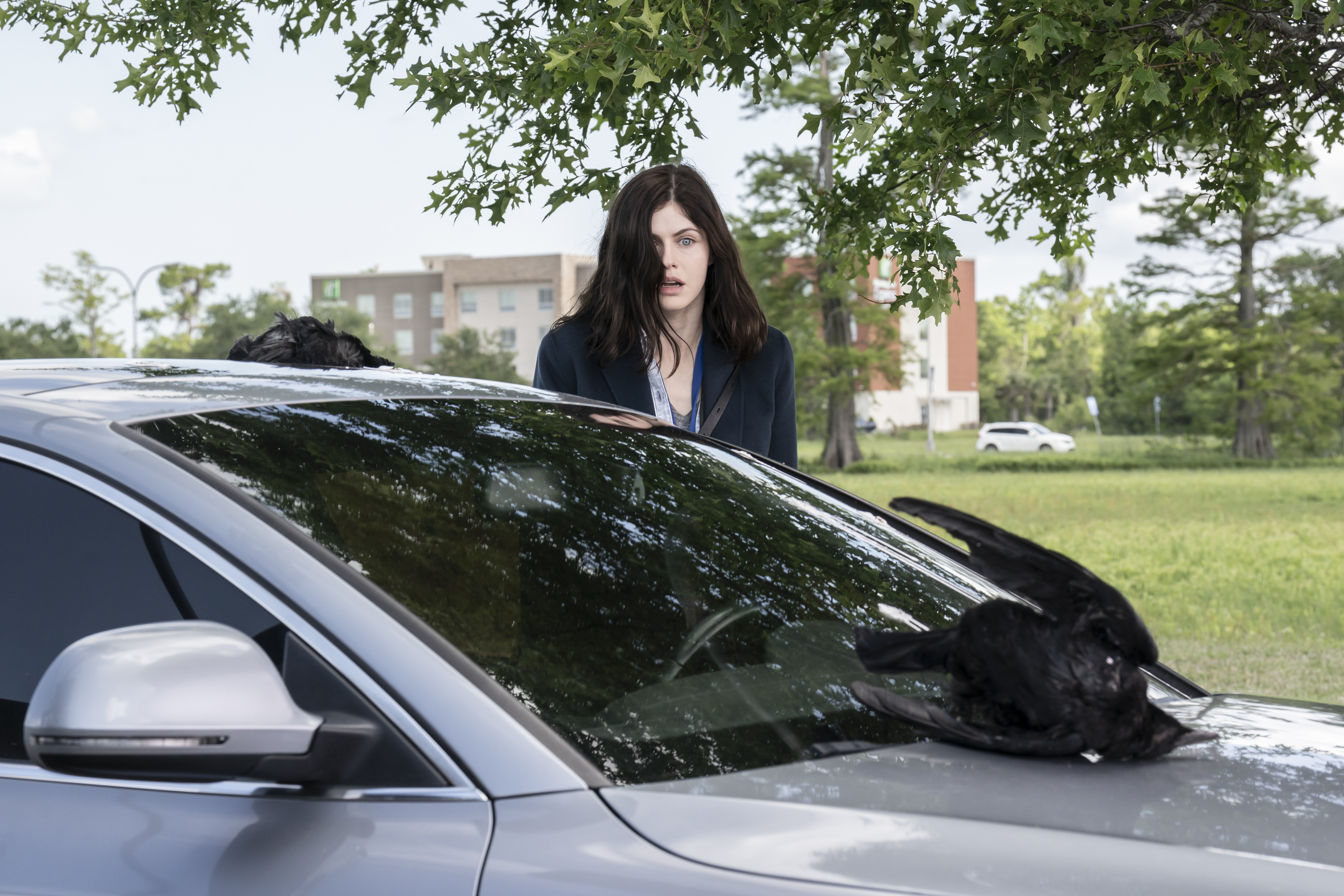 Rowan Mayfair stands horrified behind her car as a crow lands dead on the hood in AMC’s Mayfair Witches