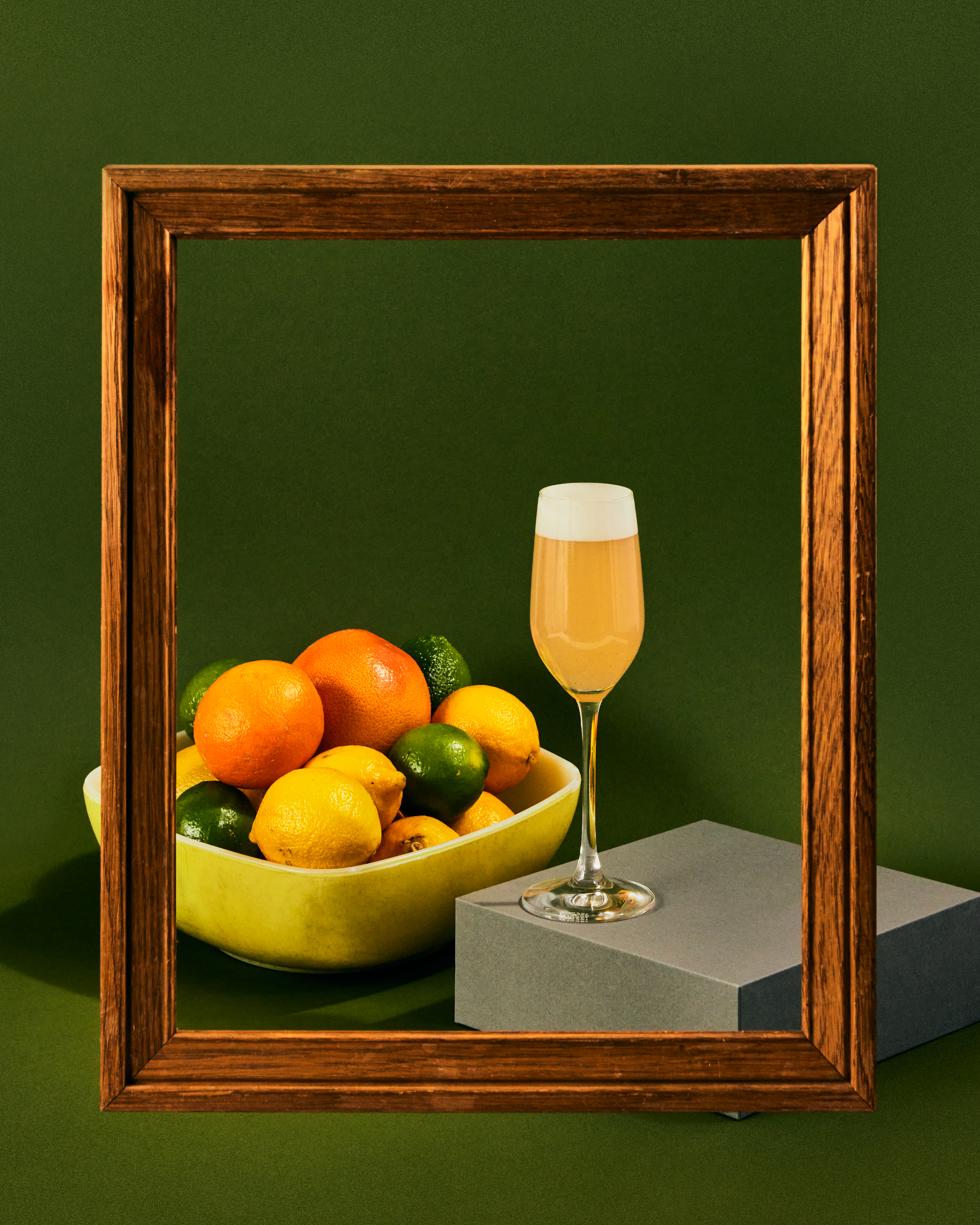 A painting of a drink and fruit.