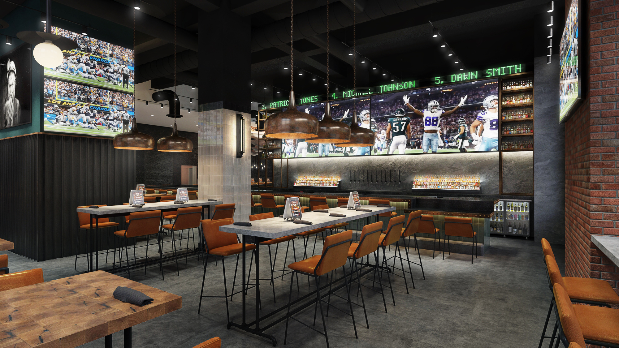 A design rendering for a shared work space, sports bar, and dining area all in one.