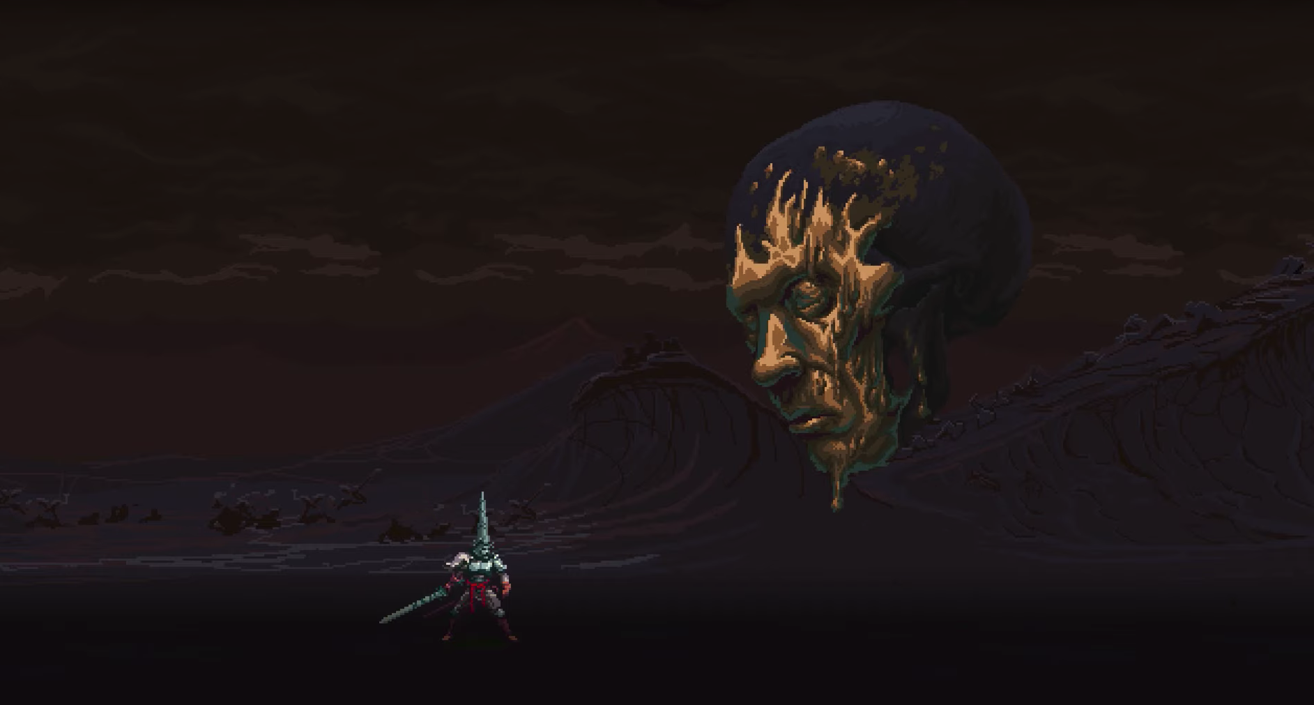 A boss fight in Blasphemous shows the main characters facing off against a giant floating head