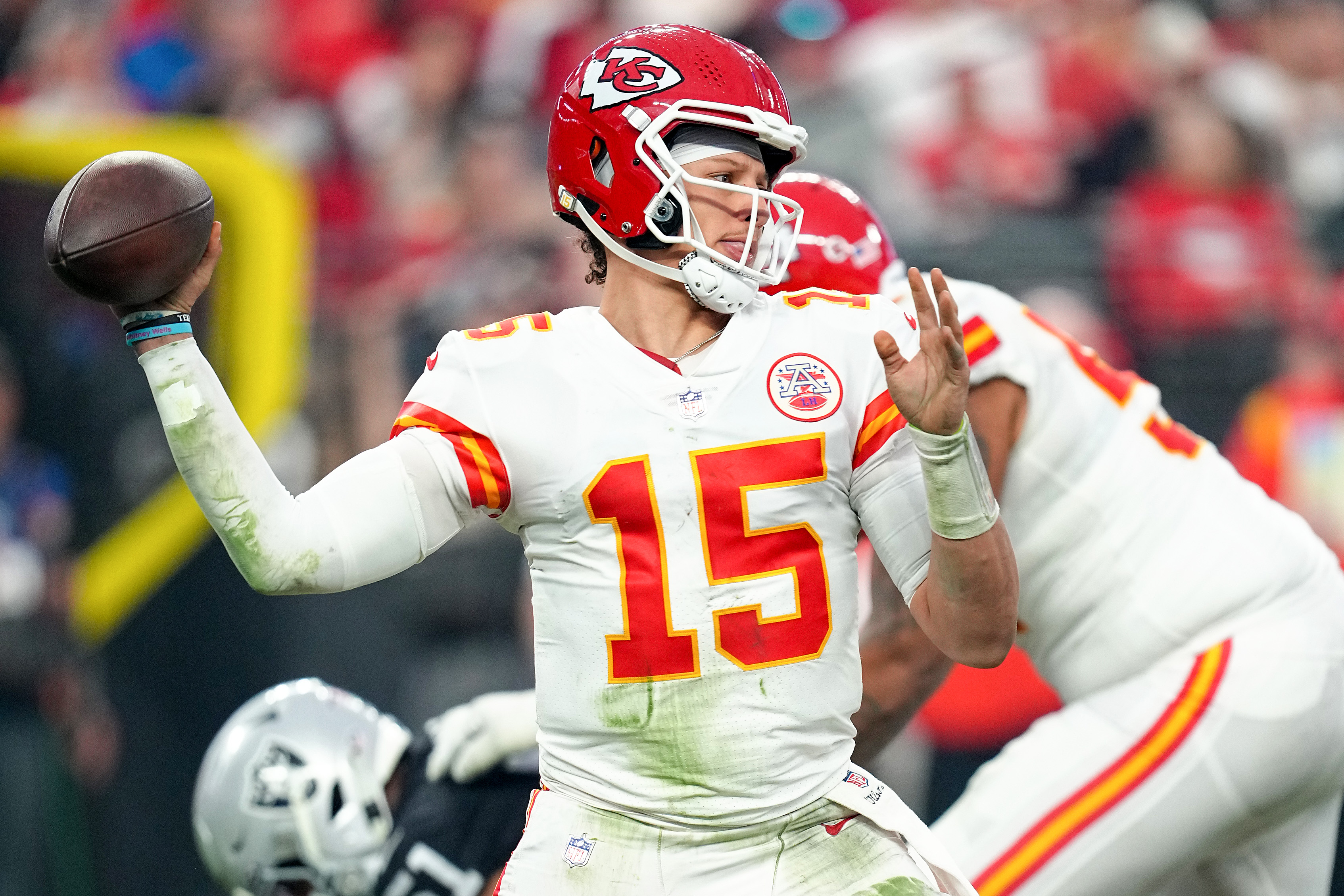 Patrick Mahomes #15 of the Kansas City Chiefs throws a pass against the Las Vegas Raiders during the second half of the game at Allegiant Stadium on January 07, 2023 in Las Vegas, Nevada.