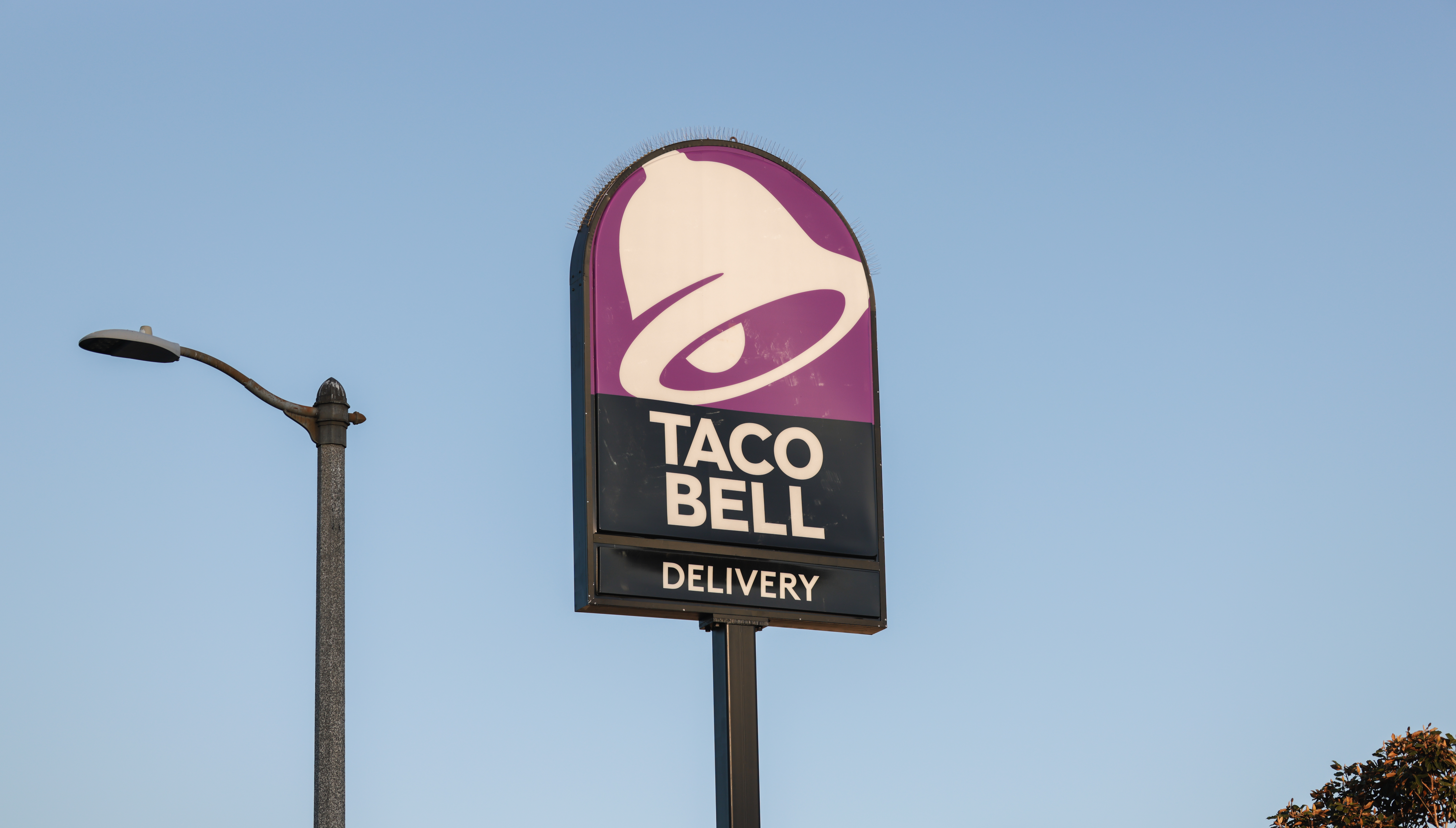 a Taco Bell sign with blue sky behind it