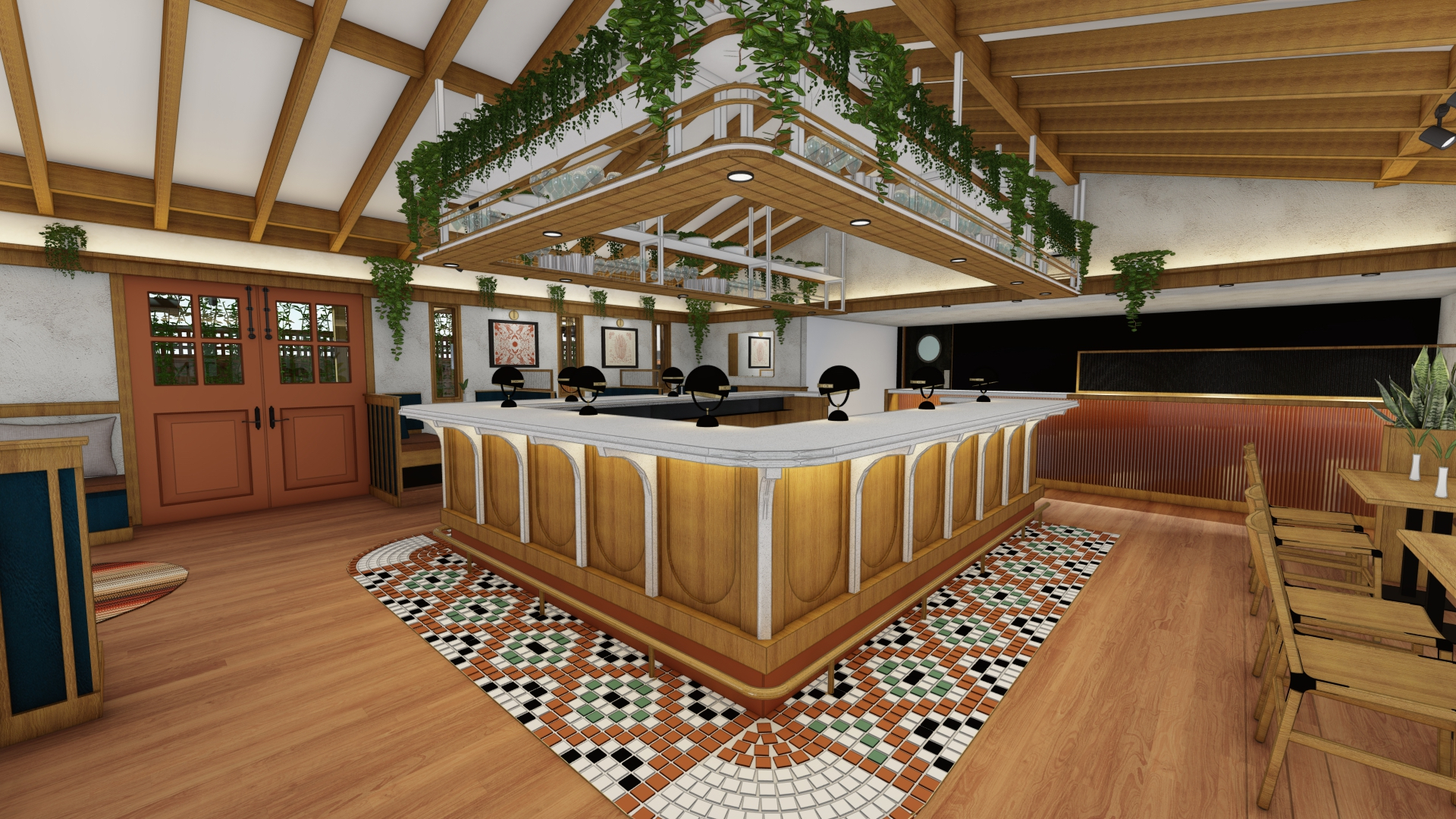 A rendering of a bar inside a restaurant.
