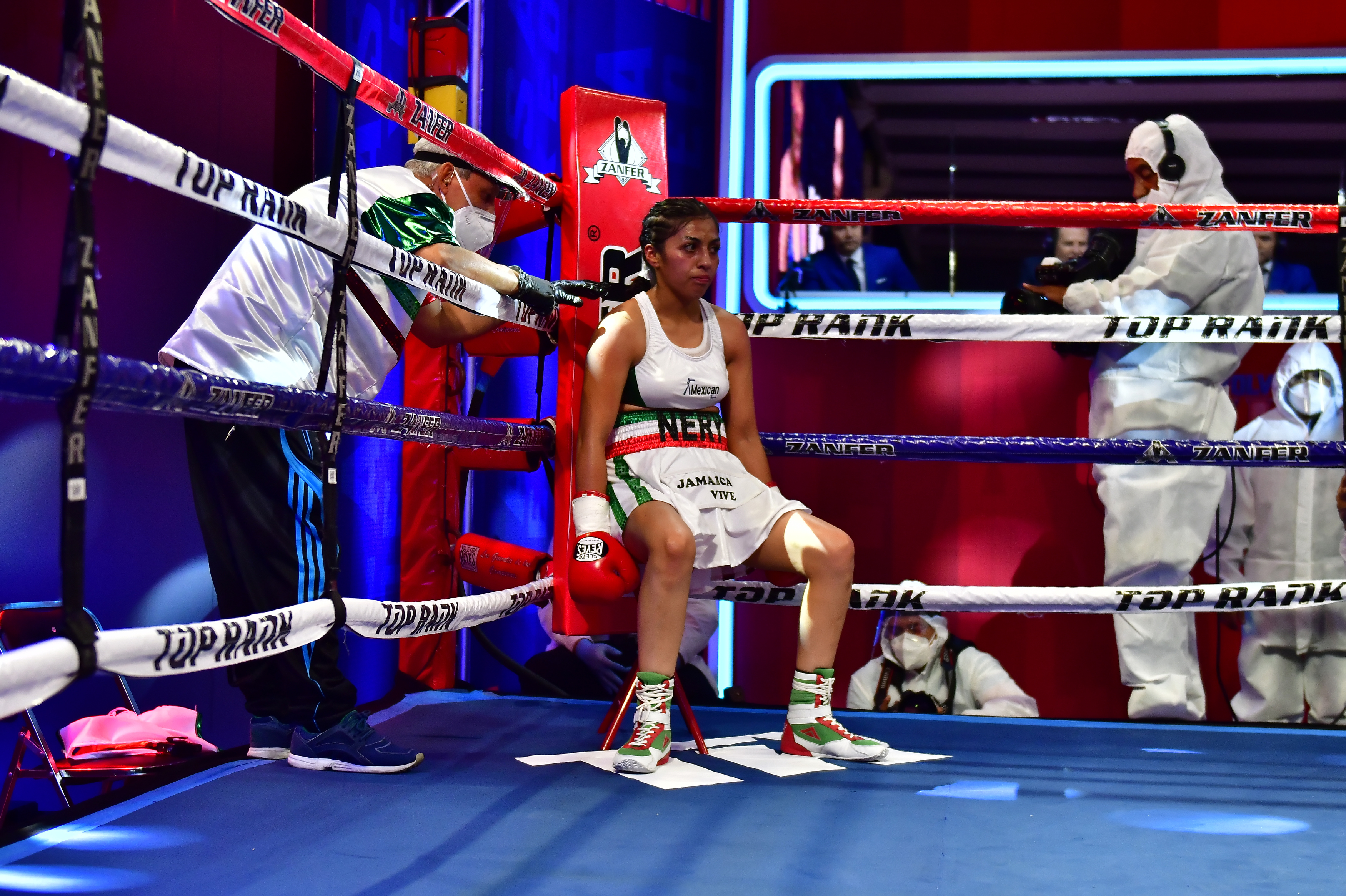 Jessica Nery sits at her corner during a fight against Edith Reyes during an unofficial fight At TV Azteca on June 20, 2020 in Mexico City, Mexico.