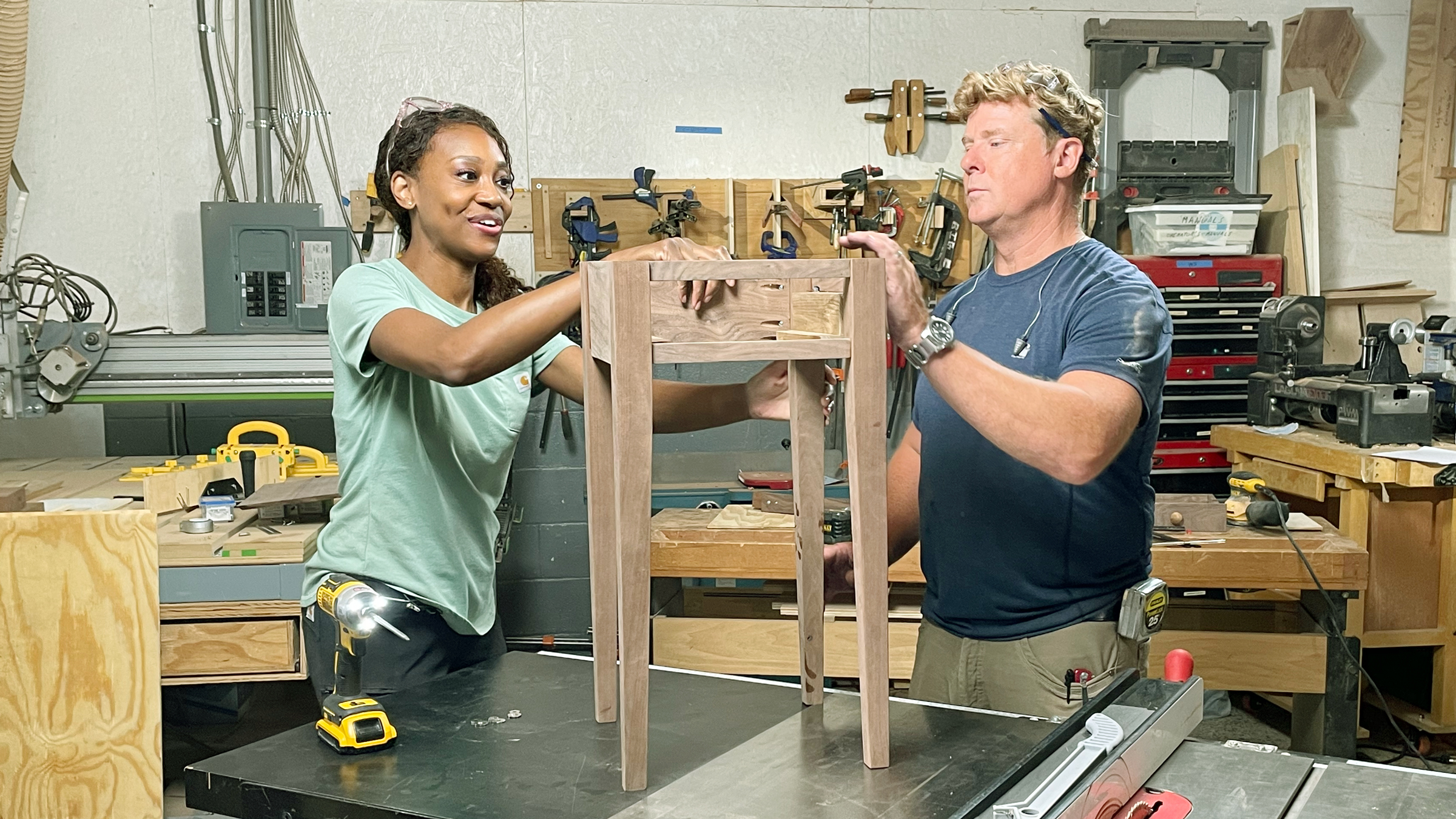Char Miller-King and Kevin O’Connor work together to build a Shaker-style end table.
