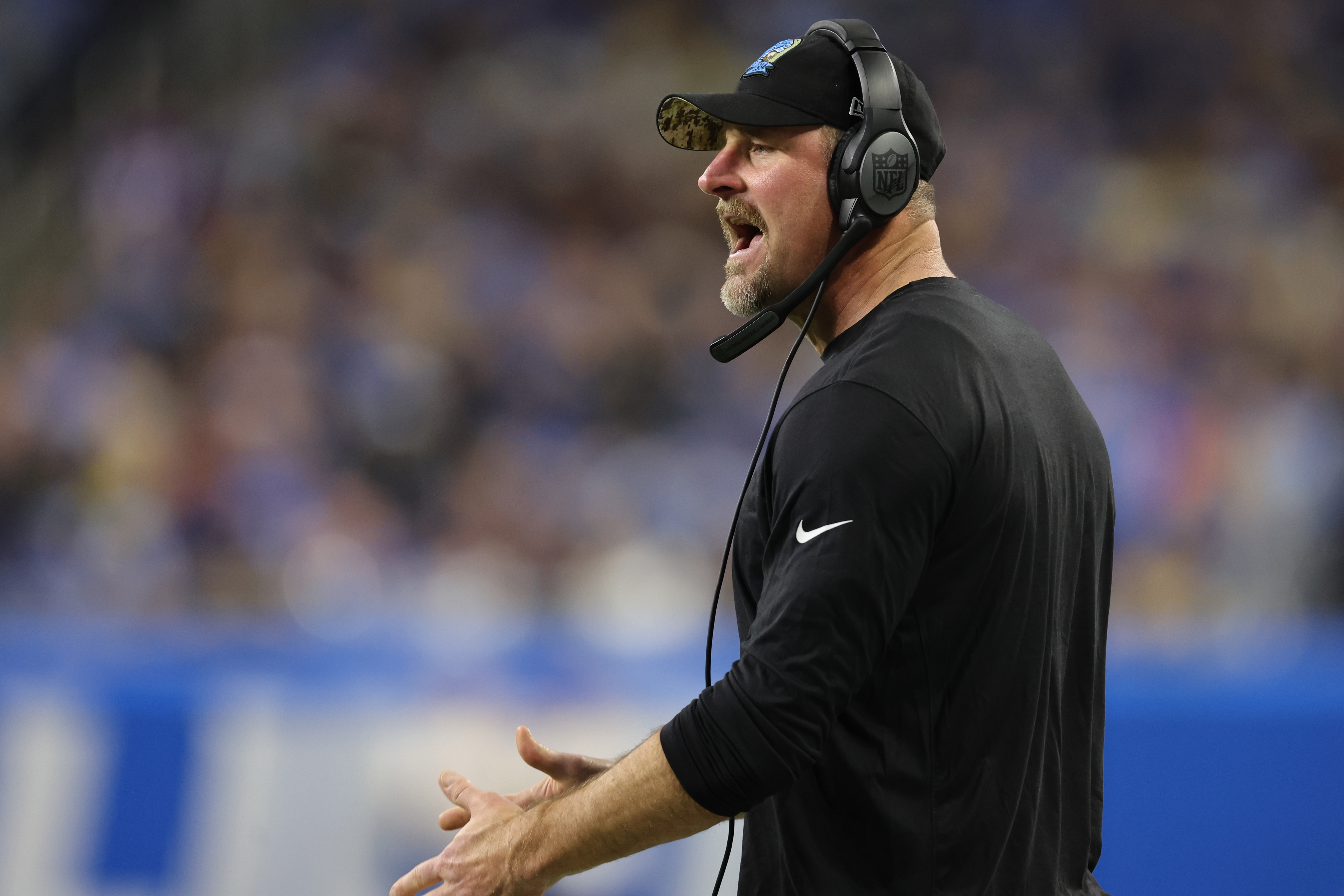 Head coach Dan Campbell of the Detroit Lions reacts during the first half of the game against the Minnesota Vikings at Ford Field on December 11, 2022 in Detroit, Michigan.