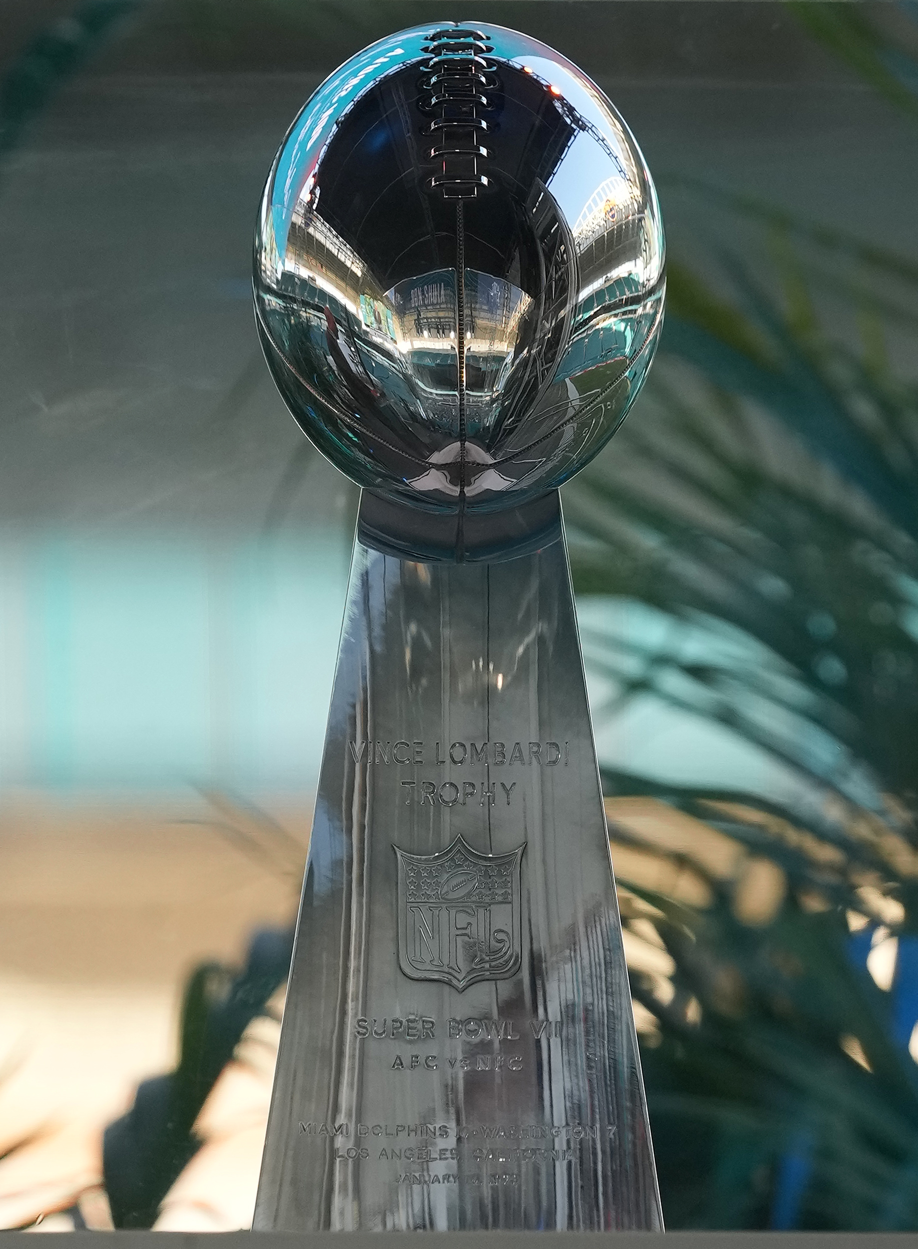 A general view of the Vince Lombardi trophy from Super Bowl VII won by the 1972 Dolphins during their 17-0 perfect season on display during the Don Shula Celebration of Life at Hard Rock Stadium.